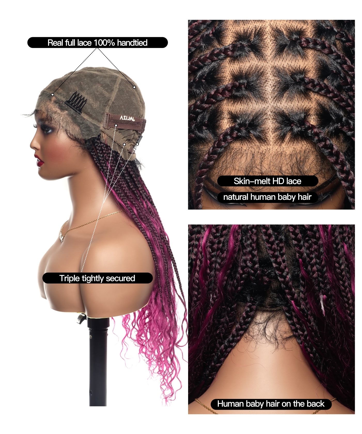 Perruque tressée Boho Box en cheveux humains 24" HD Full Lace Légère 79 mèches 1 boucle et 1 extrémité Boho