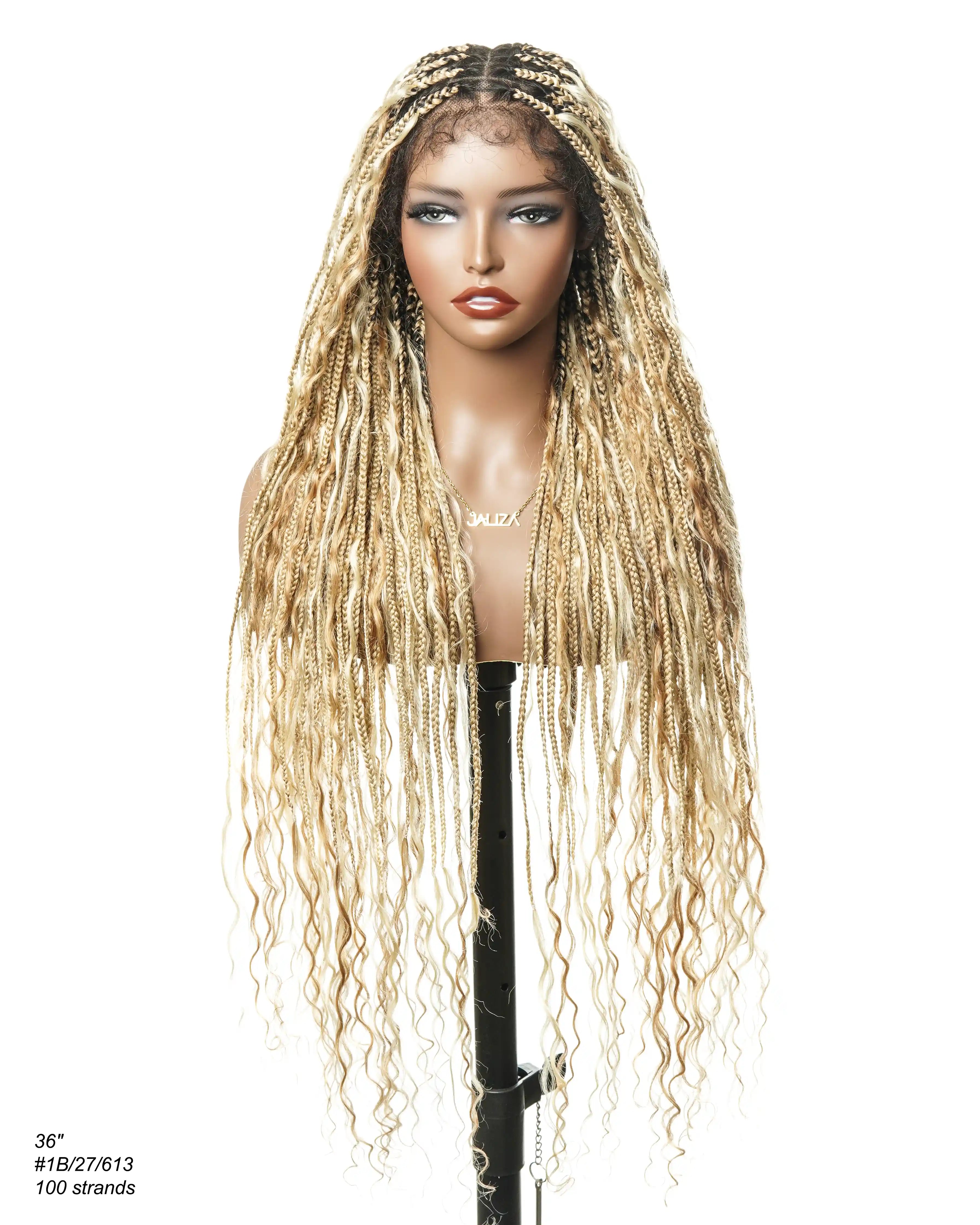 Kiki - Perruque tressée de type "Boho Box Braids" en dentelle suisse HD, pré-décolorée, 36 pouces