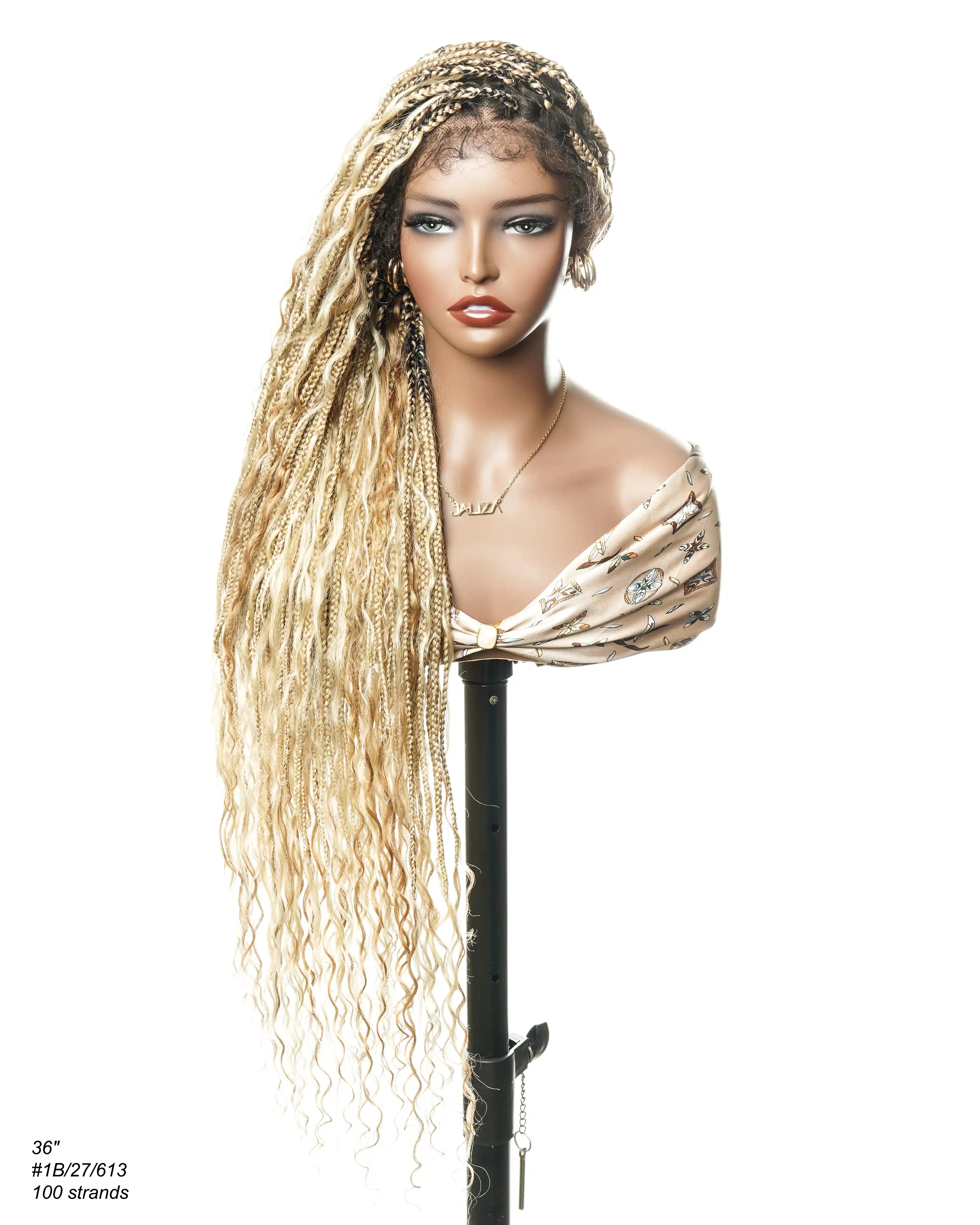 Kiki - Perruque tressée de type "Boho Box Braids" en dentelle suisse HD, pré-décolorée, 36 pouces