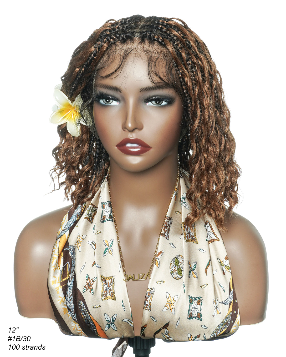 Kiki Bob - Perruque tressée carrée Boho en dentelle suisse HD pré-décolorée de 12" avec tresses et boucles Boho en cheveux naturels