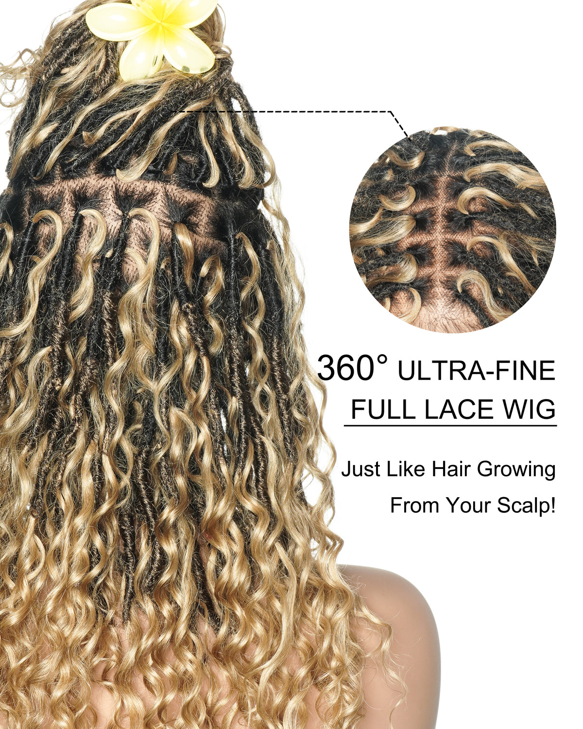 Lola - Perruque Boho Locs suisse HD pré-blanchie de 16 po avec boucles Boho en cheveux naturels