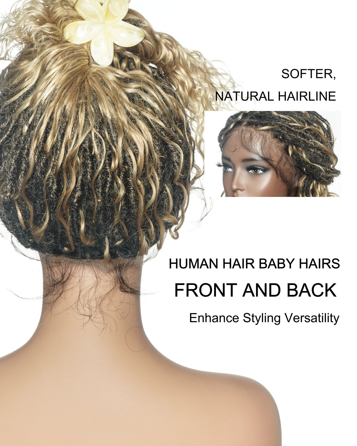 Lola - Perruque Boho Locs suisse HD pré-blanchie de 16 po avec boucles Boho en cheveux naturels