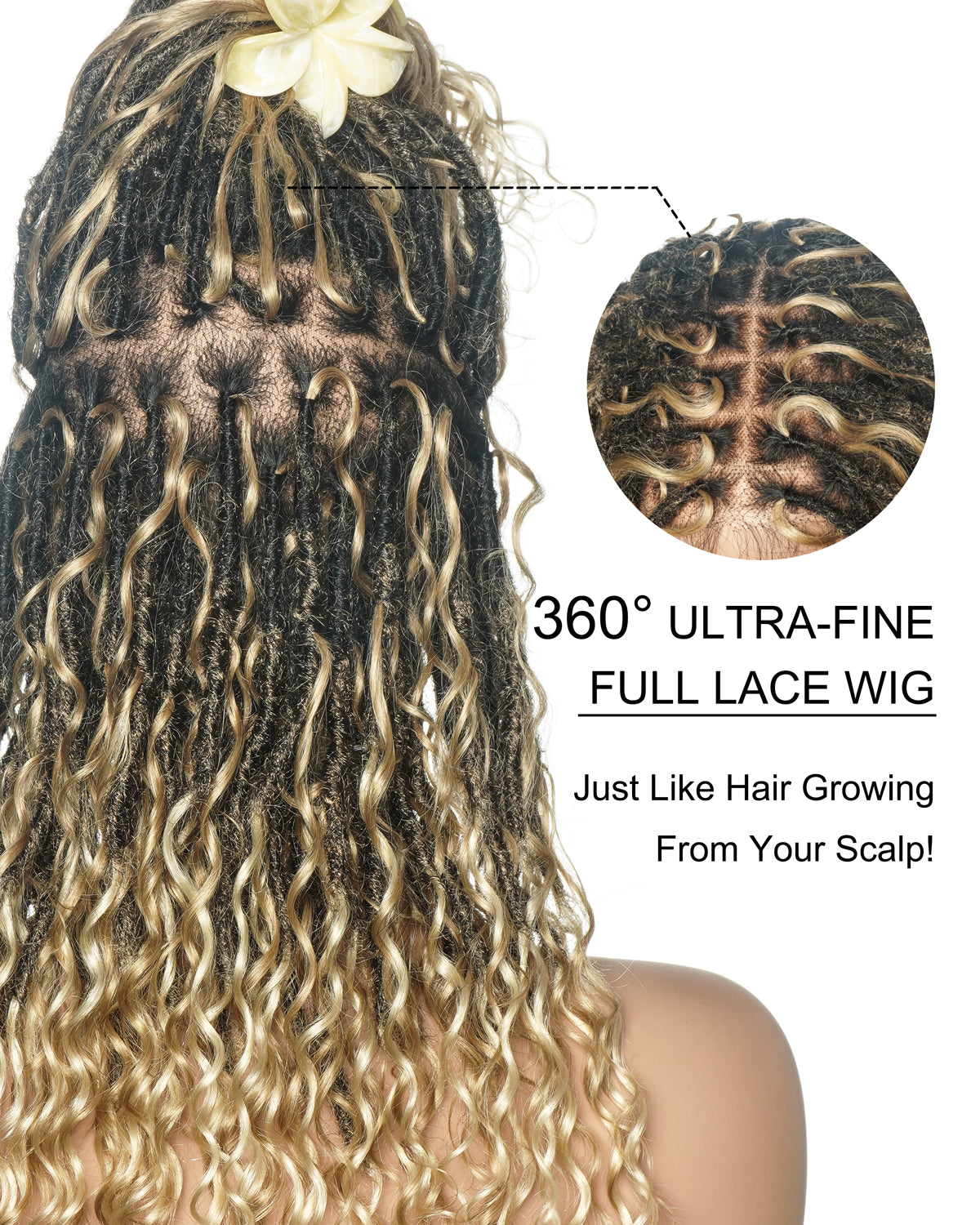 Lola - Perruque Boho Locs suisse HD pré-blanchie de 16 po avec boucles Boho en cheveux naturels
