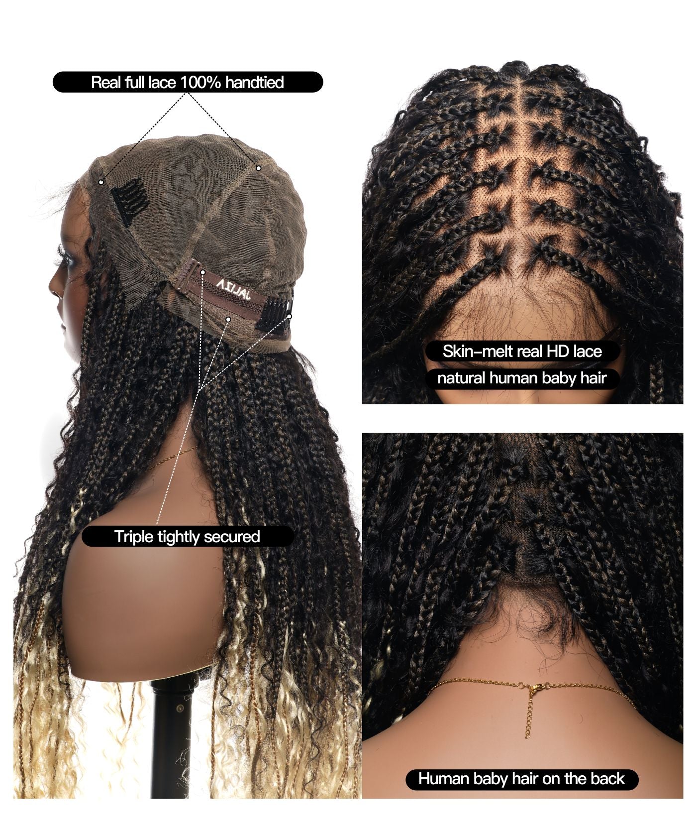 Perruque tressée Diane's 36" avec dentelle, cheveux humains pré-décolorés, style bohème ombré (très volumineuse)