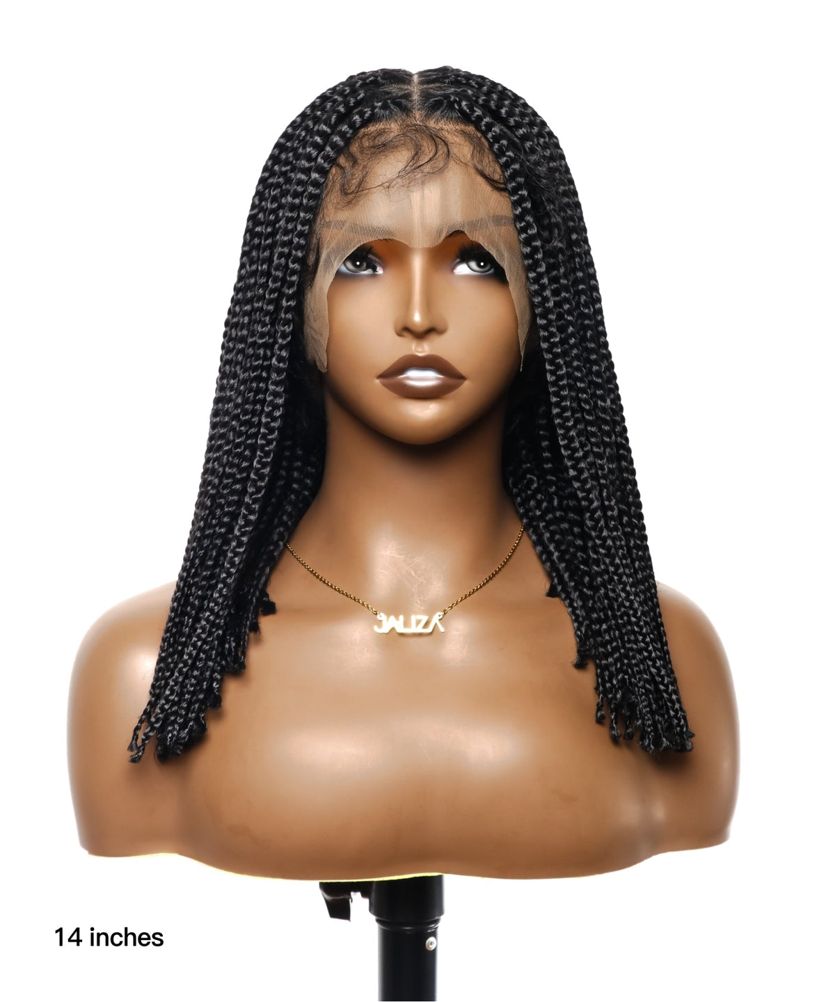 JALIZA 14 inch Natural black Knotless Box Braids Transparent Lace Braided Wig Middle Part (Mannequin - Front View)