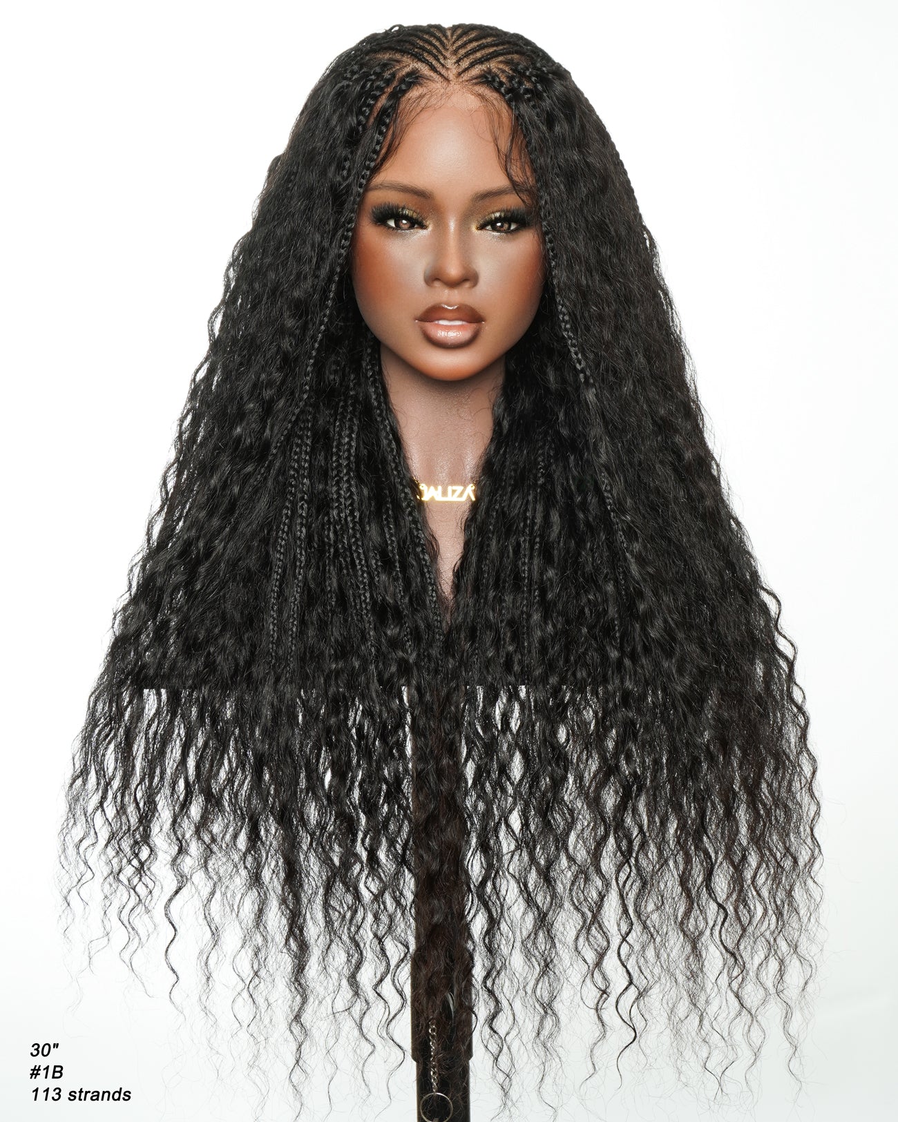 Avery - Perruque Tressée Complète en Cheveux Humains Pré-décolorés en 2 Étapes, Modèle Cornrows, avec Boucles Boho
