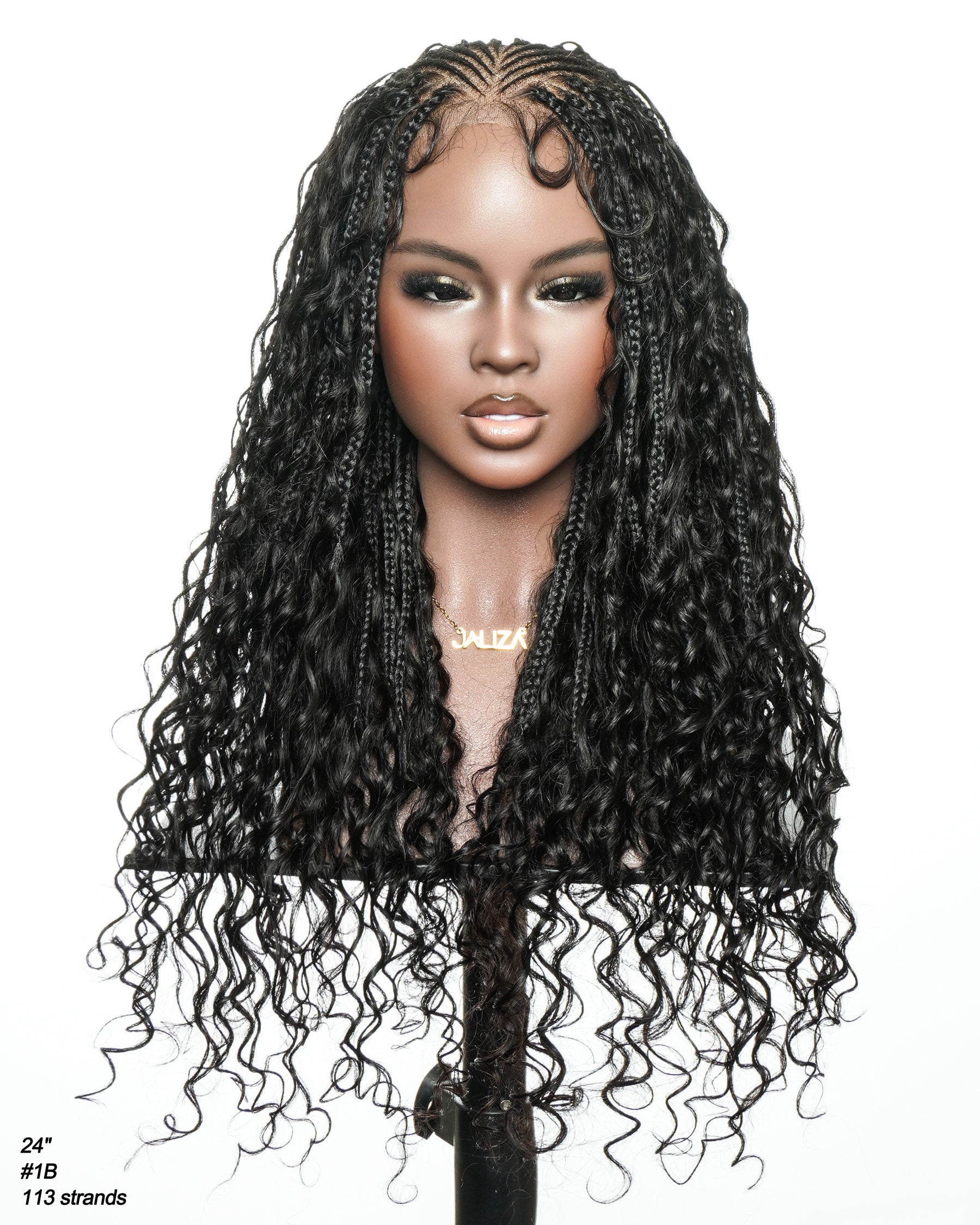 Avery Fulani Cheveux Humains Perruque Sans Colle Lace Suisse HD Tressée en Cornrows Devant Tresses Boîte Bohème Ondulées 60 cm