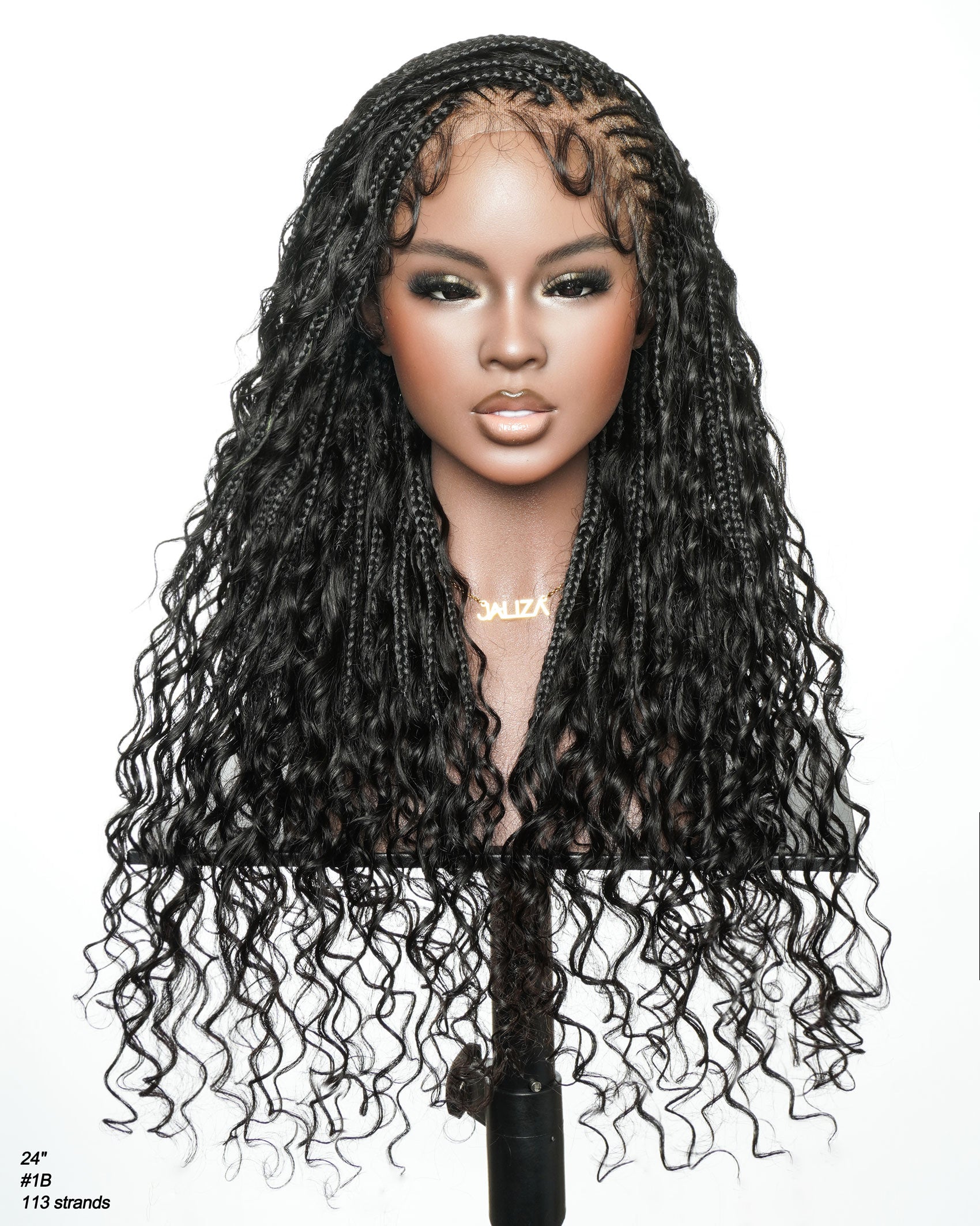 Avery Fulani Cheveux Humains Perruque Sans Colle Lace Suisse HD Tressée en Cornrows Devant Tresses Boîte Bohème Ondulées 60 cm