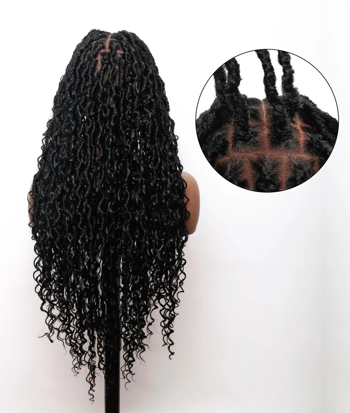 Back view of JALIZA black boho locs braided wig with curly ends and inset close-up of the hand-tied HD lace frontal.