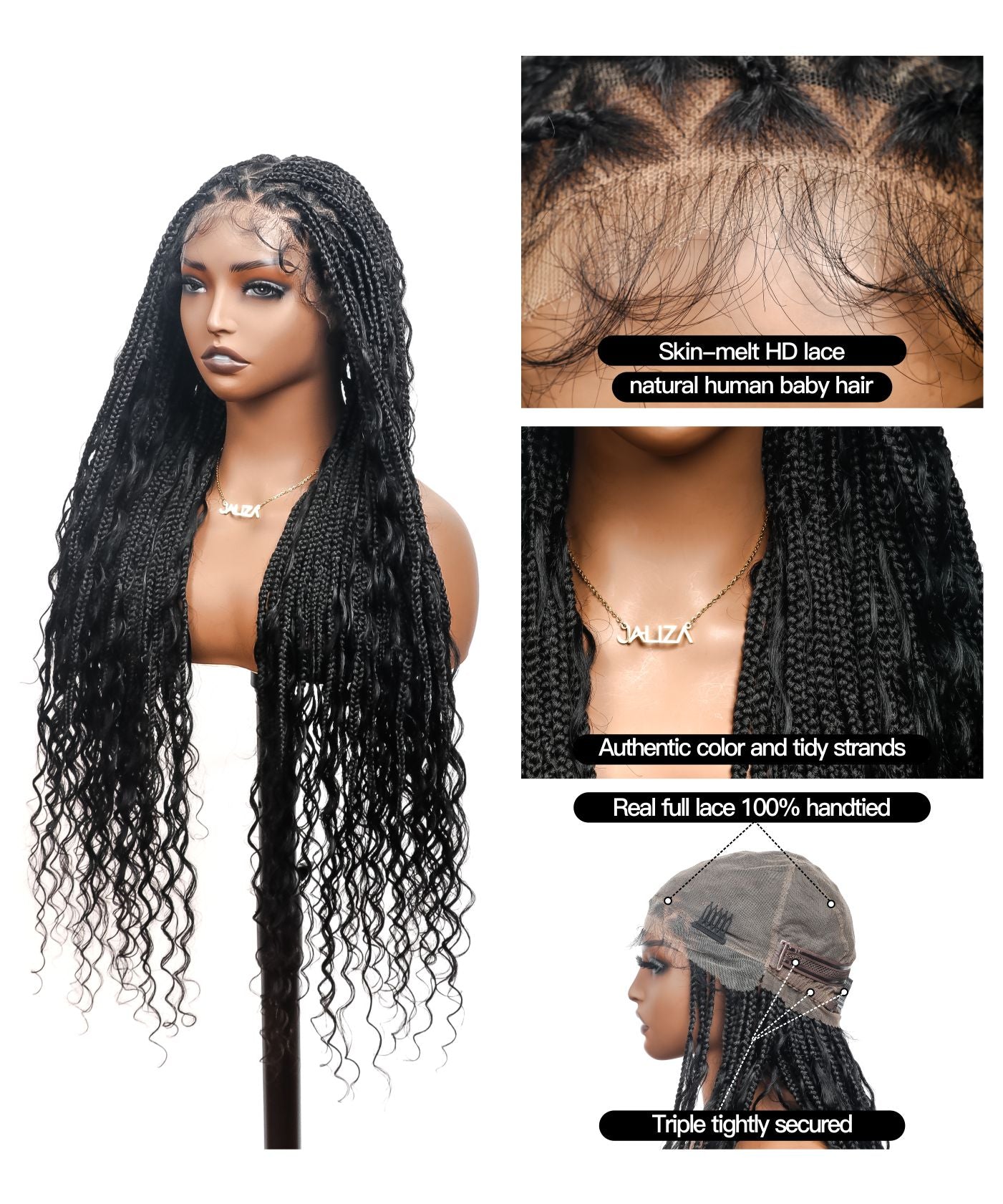 Perruque tressée carrée bohème sans nœuds, cheveux humains, base triangulaire, boucles bohèmes 36" HD, densité totale, 99 mèches