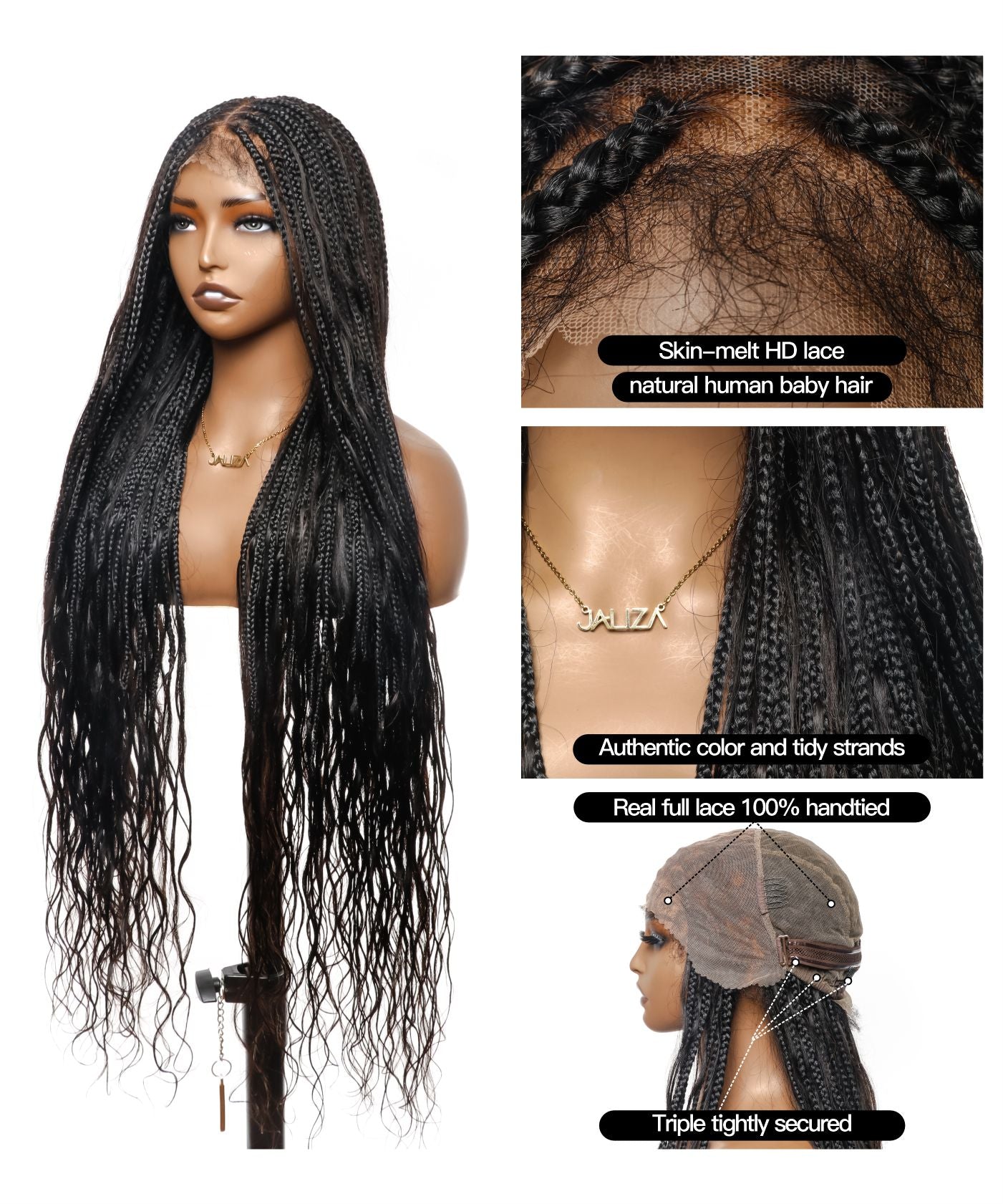 Perrque tressée de type "Boho Box" sans nœuds en dentelle complète, cheveux humains, ondulation lâche, 42", 121 mèches (Entrepôt américain)