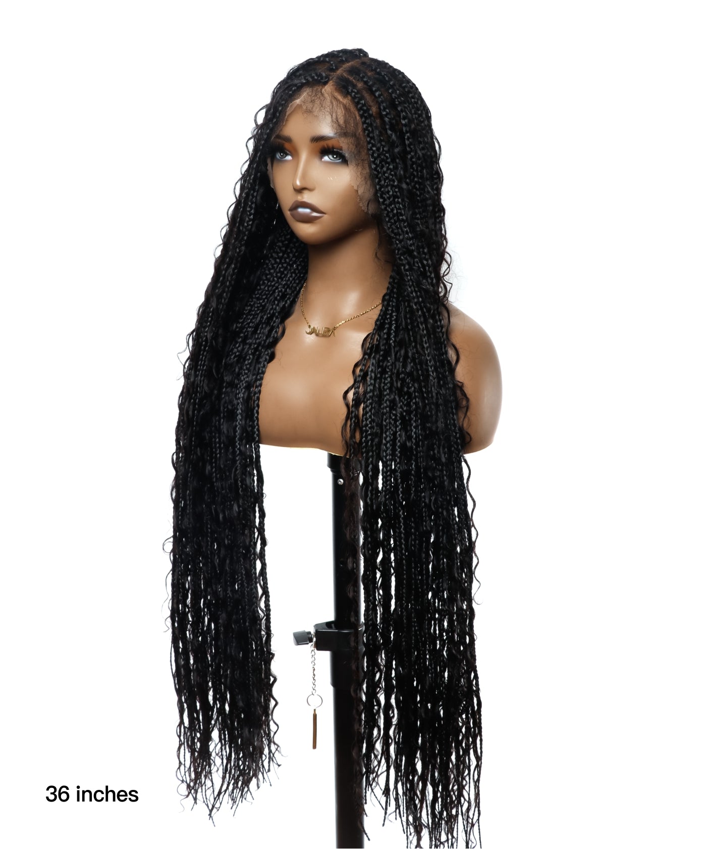 Perruque tressée de type "box braids" sans nœuds, avec boucles bohèmes et cheveux humains pré-décolorés HD, de 90 cm de long, en dentelle complète.