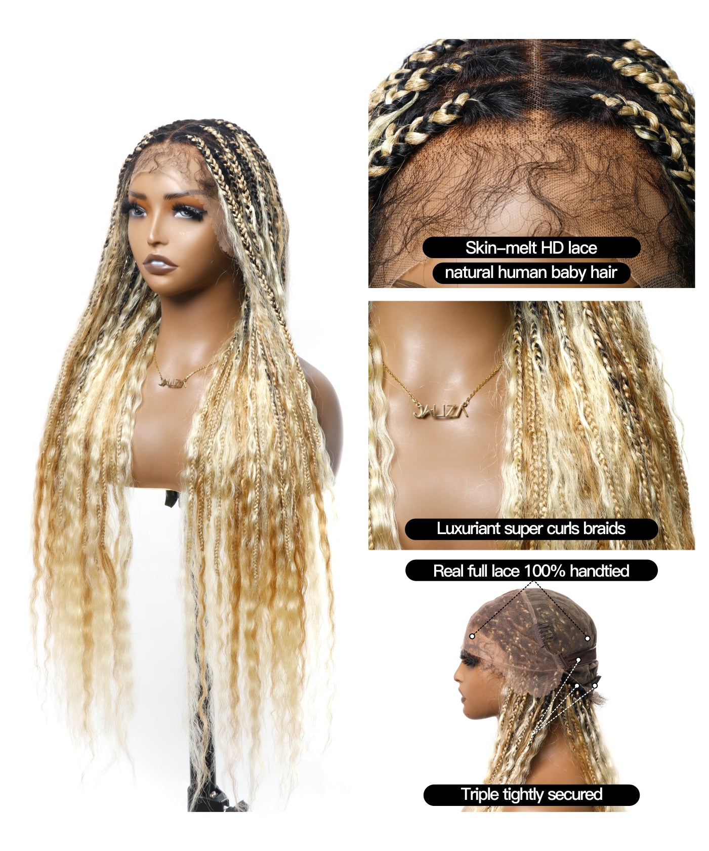 Cheveux humains Super Boho Couleur #27/613 Cheveux humains pré-décolorés Perruque tressée de type Boho sans nœuds avec dentelle, très dense, 100 mèches