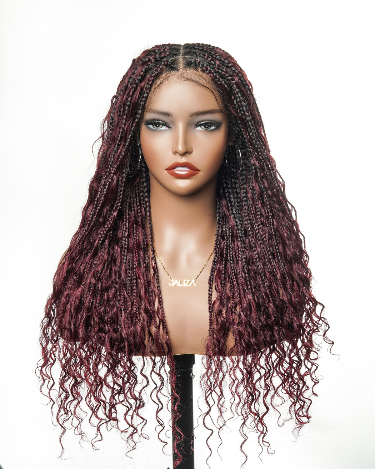Perruque Boho tressée avec des boucles Boho en cheveux humains Full Lace HD, pré-décolorés, bordeaux foncé 99J, 100 mèches