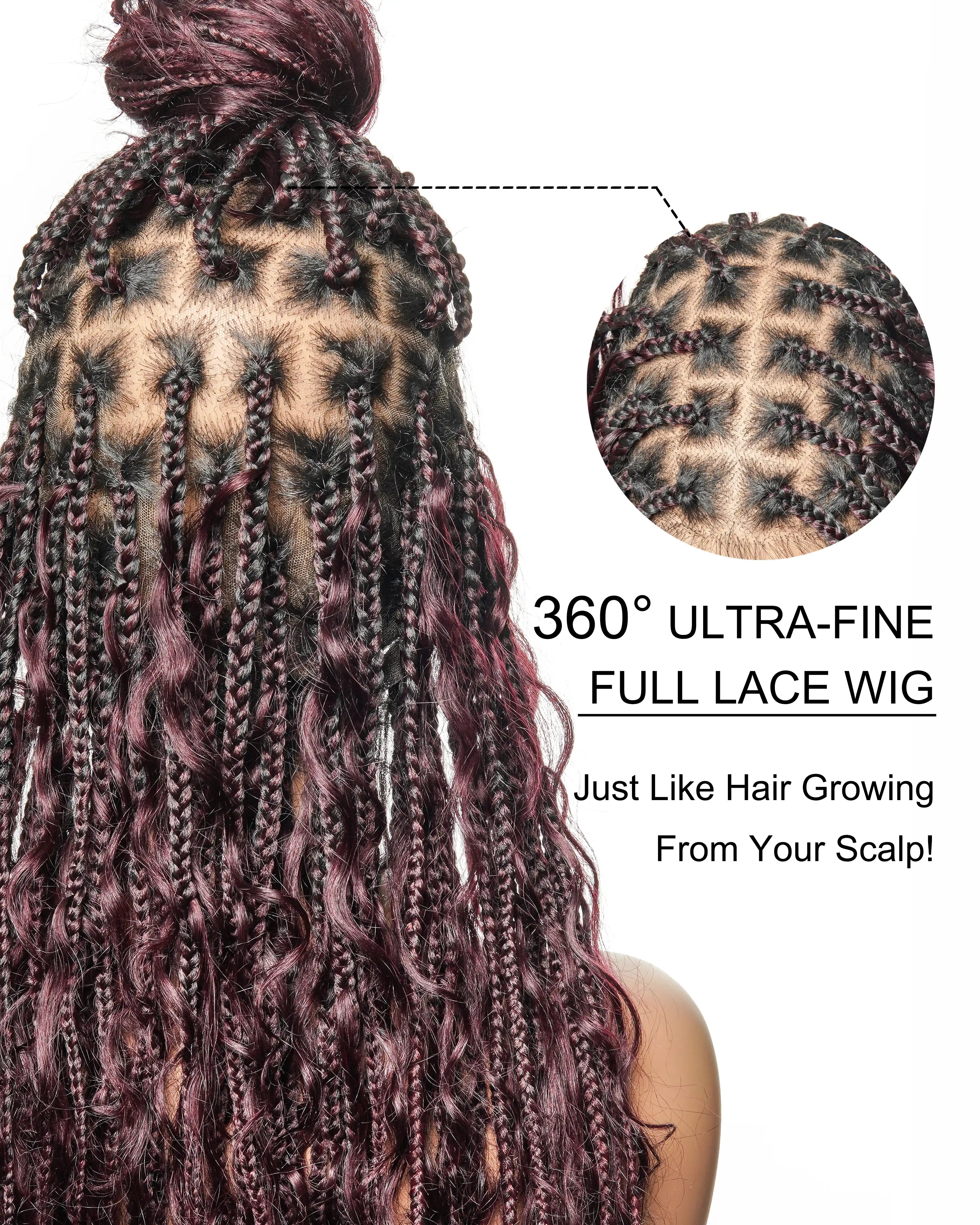 Perruque tressée boîte bohème sans nœuds, 100 % cheveux humains, boucles bohèmes, avec dentelle transparente intégrale et nouée à la main