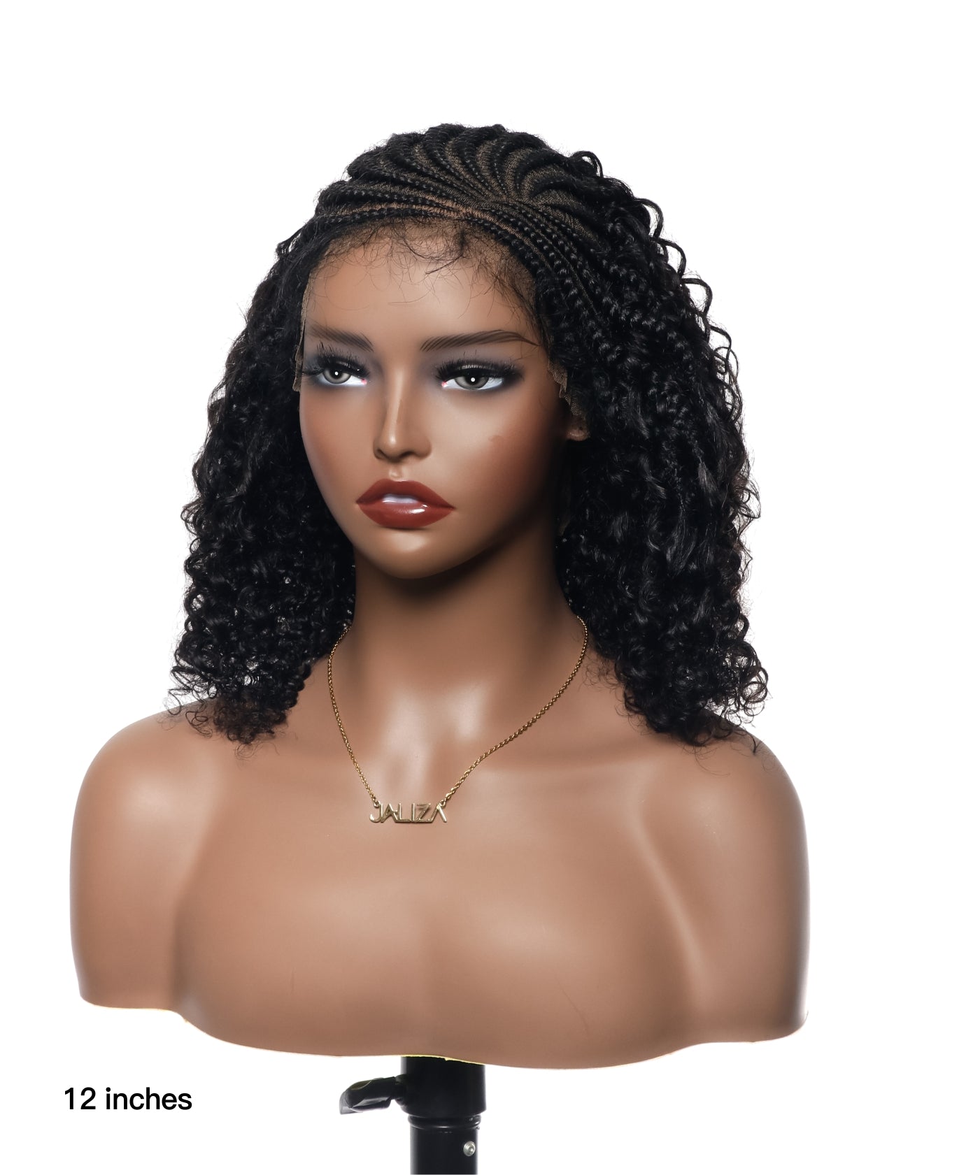 Perruque tressée de 12 pouces, devant en tresses collées, derrière tissé, cheveux humains bouclés