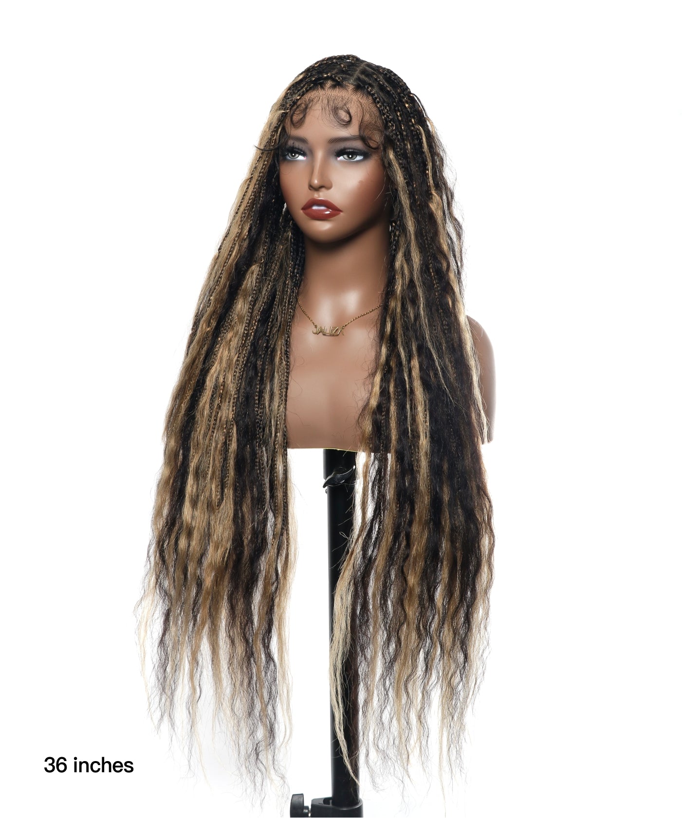 Perruque tressée boîte bohème sans nœuds, cheveux humains pré-décolorés, dentelle HD, couleur miel blond et noir piano, 36", effet mouillé et ondulé, super style