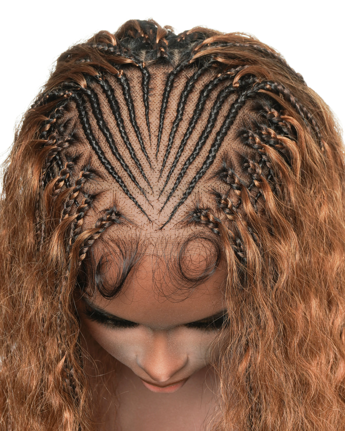 Avery - Perruque Tressée Complète en Cheveux Humains Pré-décolorés en 2 Étapes, Modèle Cornrows, avec Boucles Boho
