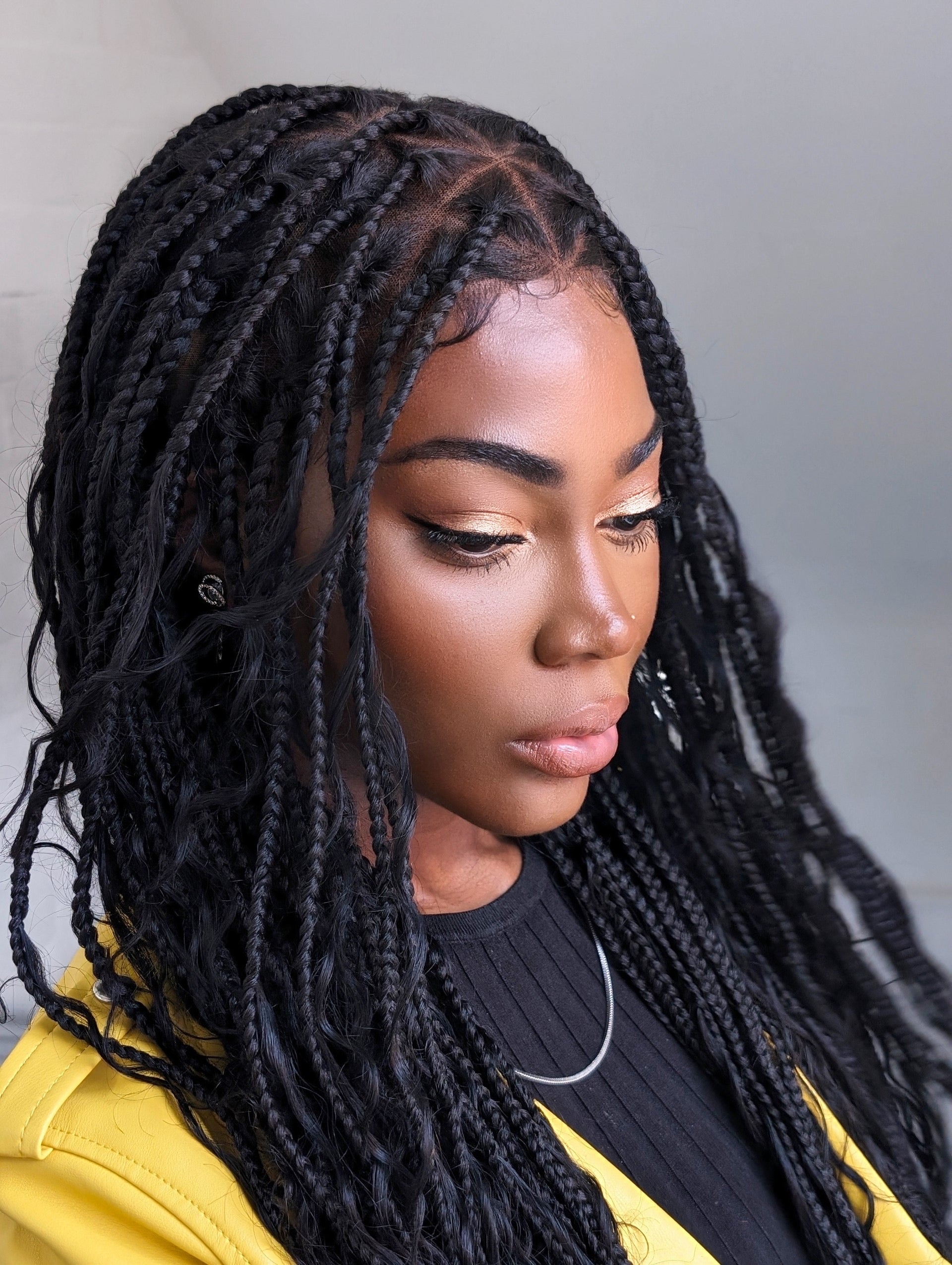 Clearance Item - Triangle Base HD Full Lace Human Hair Boho Curls Knotless Boho Box Braided Wig 36"