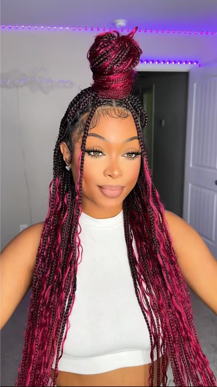 Perruque tressée Human Hair Boho Box en dentelle HD 36 pouces 100 mèches - Bordeaux clair