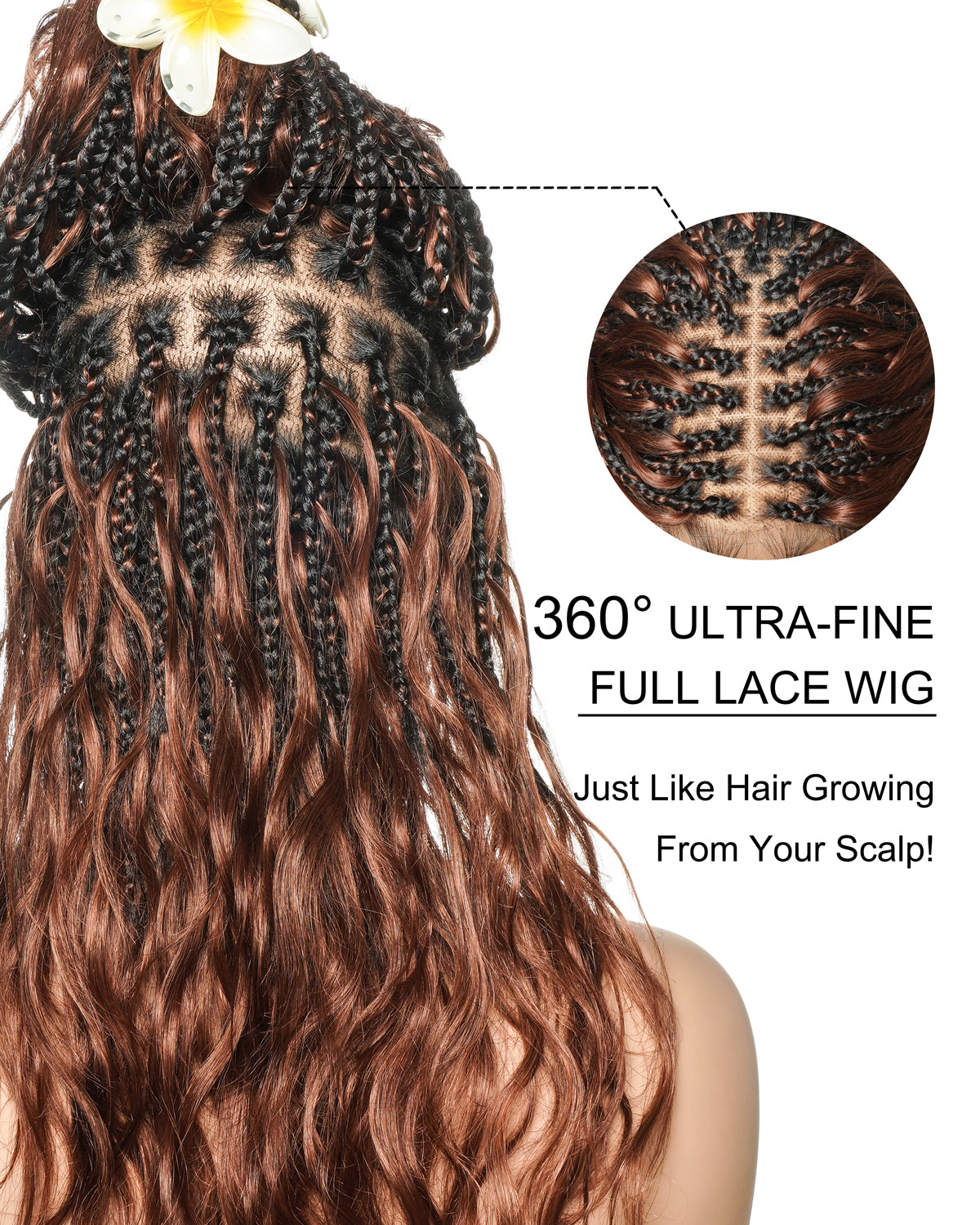 Michelle - Cheveux Humains Châtain Foncé Rougeâtre N°33 Sans Colle Ondulés Type Body Wave Bouclés Pré-décolorés HD Perruque Tressée Boîte Bohème Sans Nœuds à Dentelle Totale
