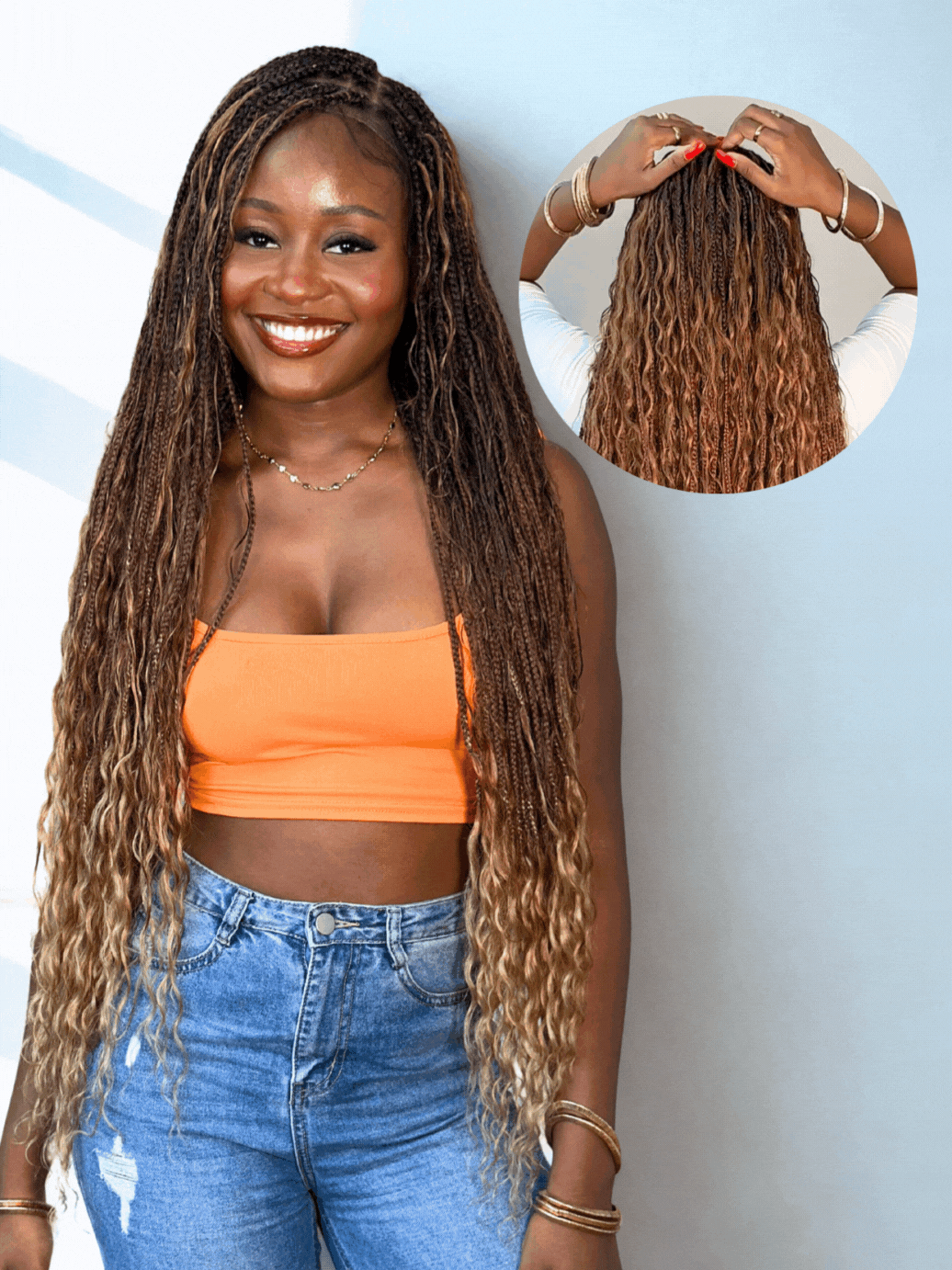 Perruque tressée boîte bohème avec boucles en cheveux humains pré-décolorés, 36 pouces, couleur mélangée 1B 30 27, 121 mèches