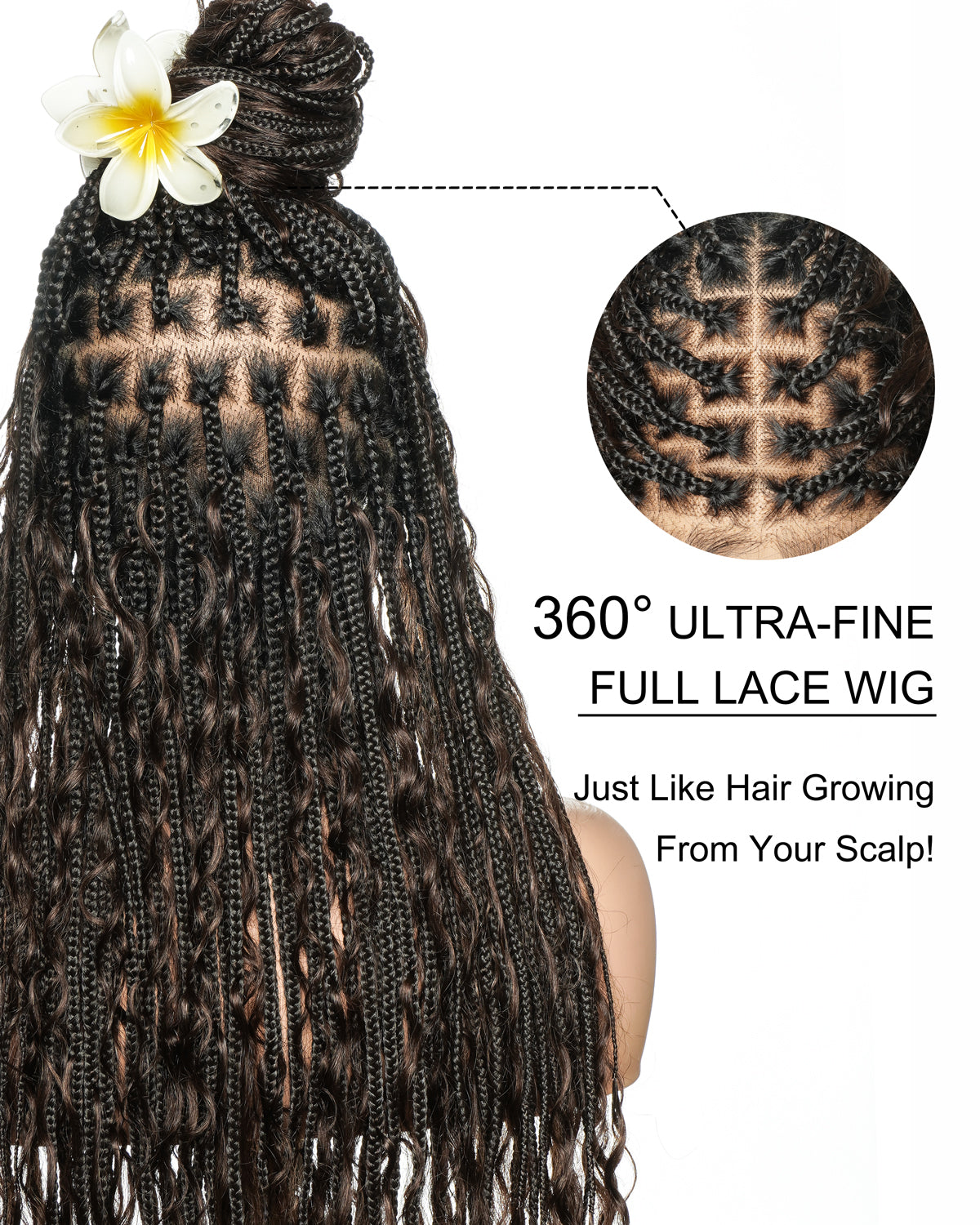 Kiki - Perruque tressée de type "Boho Box Braids" en dentelle suisse HD, pré-décolorée, 36 pouces