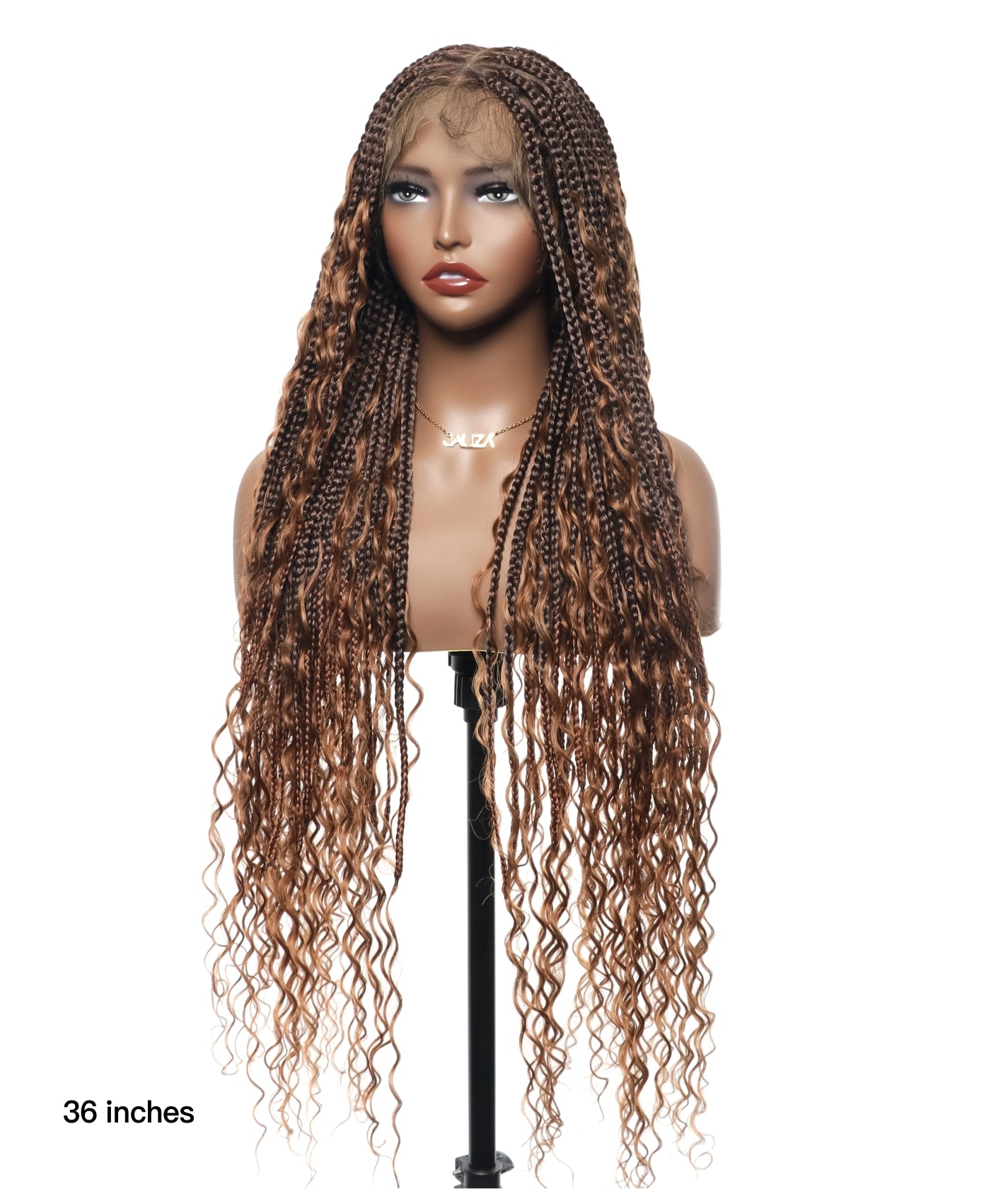 Perruque tressée de type "box braids" avec boucles bohèmes en cheveux humains sans nœuds, à base triangulaire et dentelle complète, sans emmêlement, 36" (États-Unis seulement)