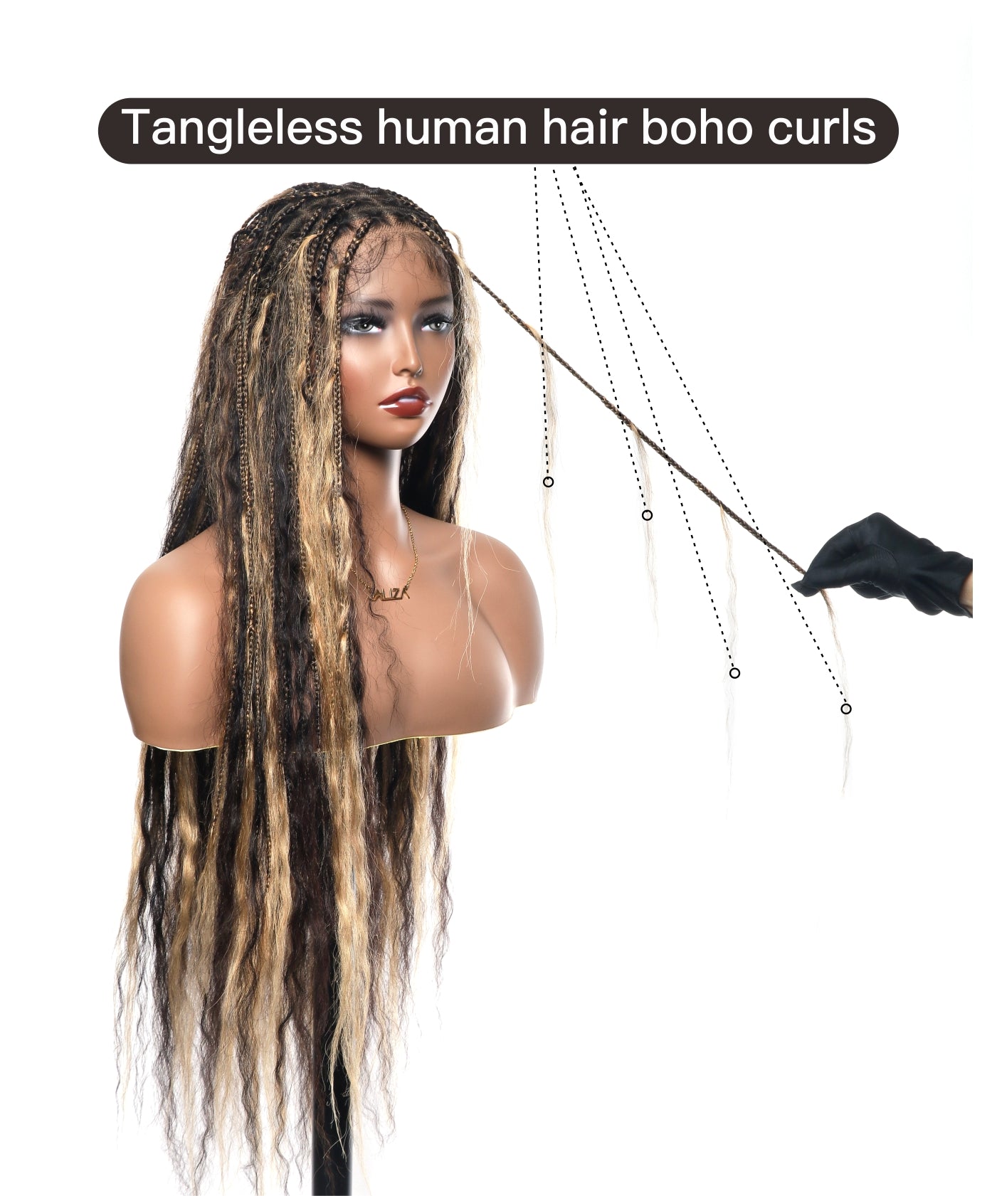 Perruque tressée boîte bohème sans nœuds, cheveux humains pré-décolorés, dentelle HD, couleur miel blond et noir piano, 36", effet mouillé et ondulé, super style