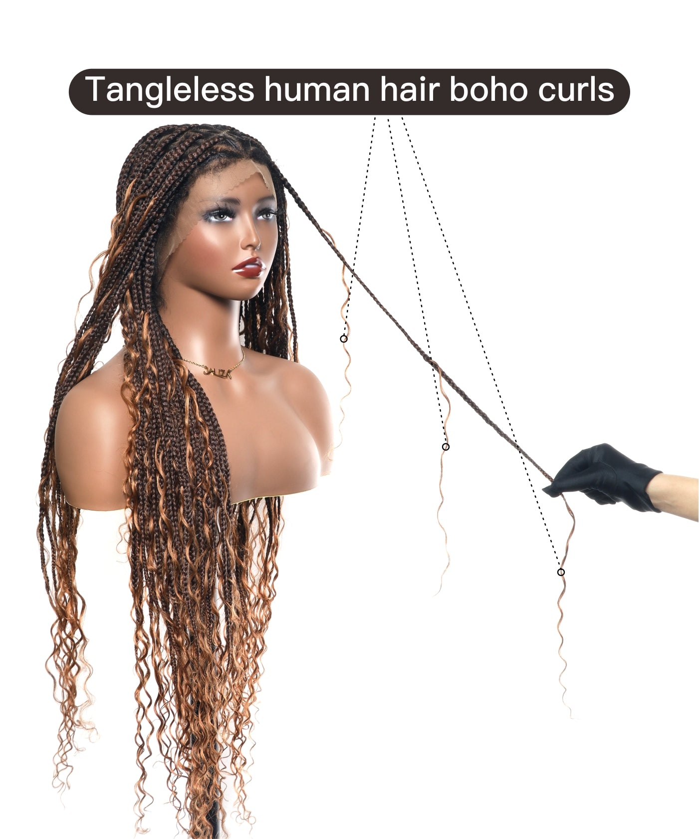 Article en liquidation - Perruque tressée boîte bohème sans nœuds avec boucles bohèmes, cheveux humains, base triangulaire HD, dentelle intégrale, 36"