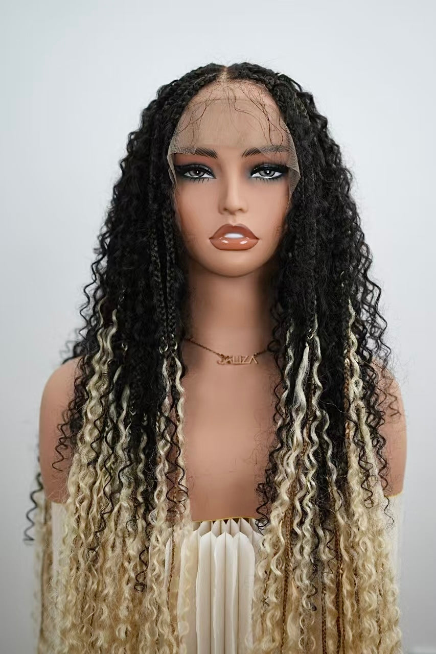 Perruque tressée Diane's 36" avec dentelle, cheveux humains pré-décolorés, style bohème ombré (très volumineuse)