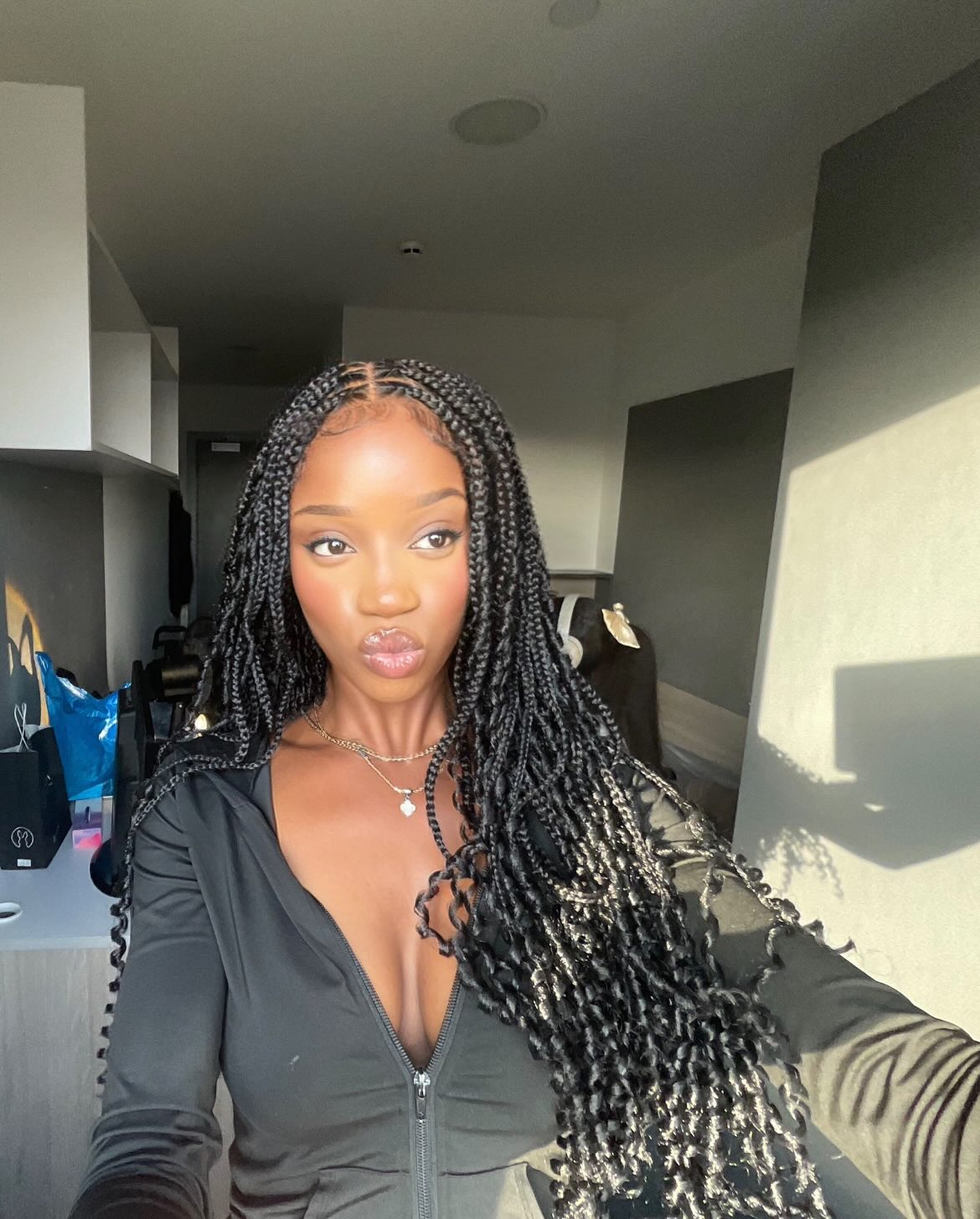 JALIZA 30 inch Small Knotless Box Braids HD Frontal + Double Lace Braided Wig Middle Part (Model - Front View)