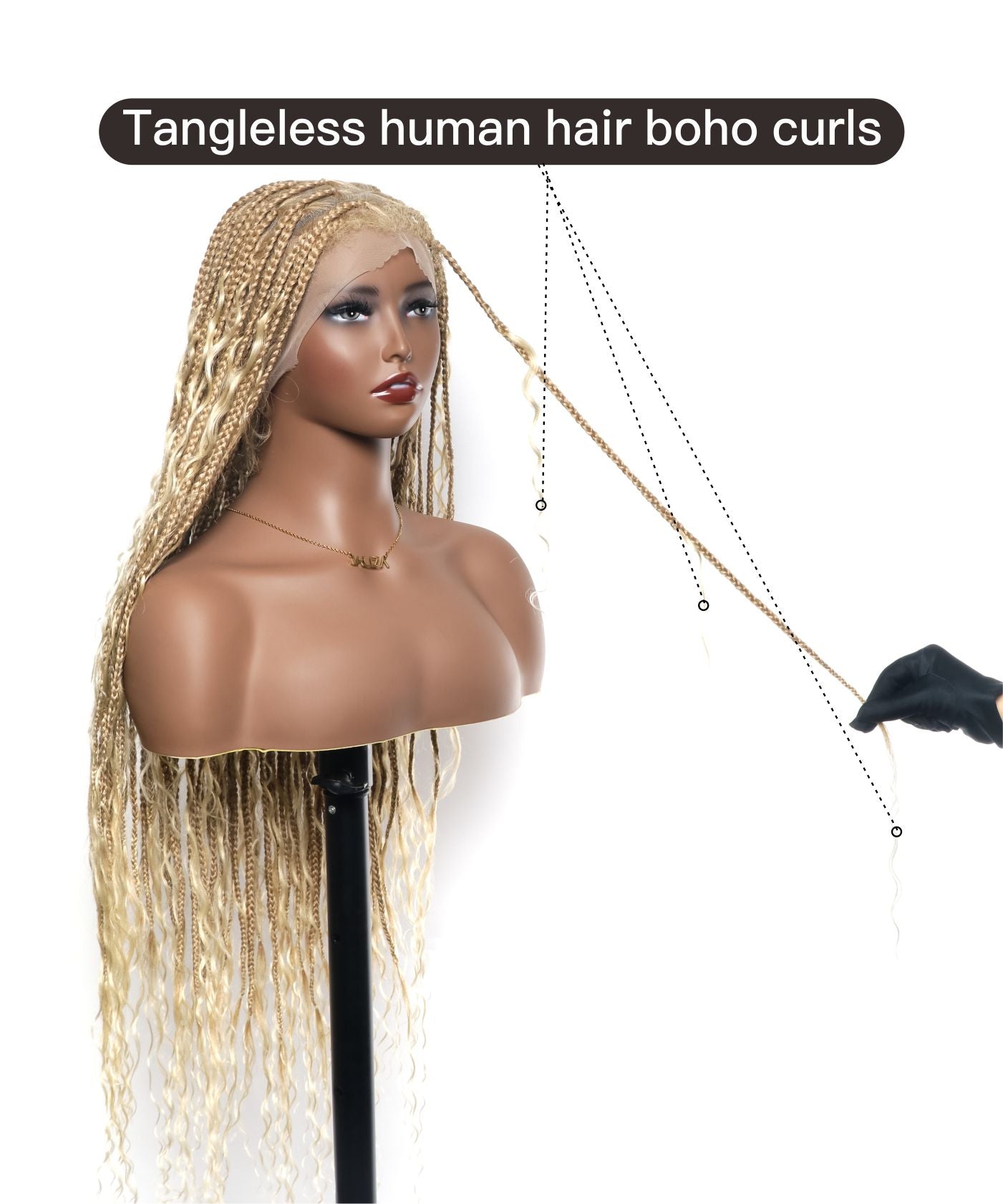 Article en liquidation - Perruque tressée boîte bohème sans nœuds avec boucles bohèmes, cheveux humains, base triangulaire HD, dentelle intégrale, 36"