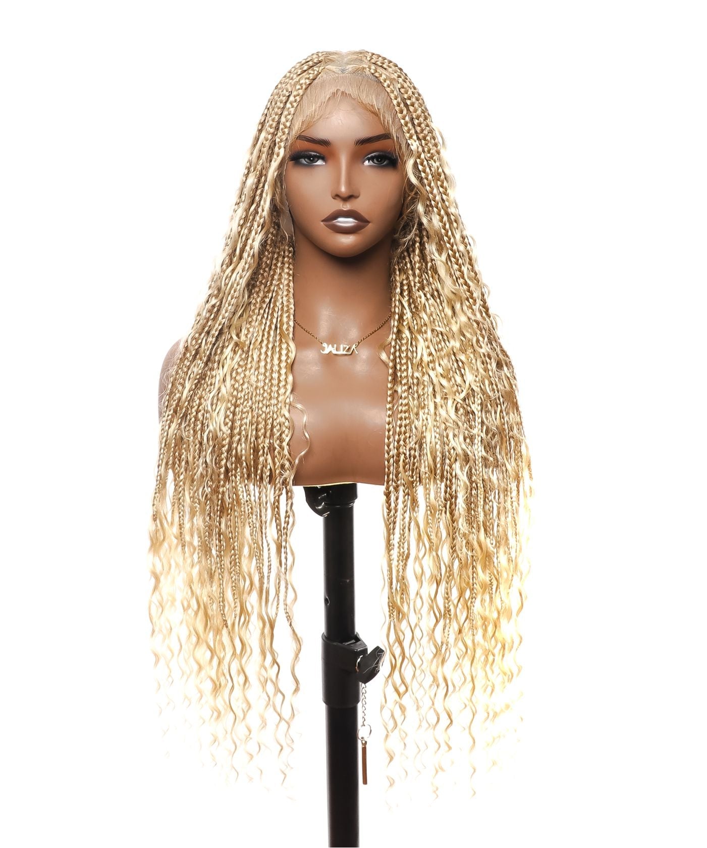 Article en liquidation - Perruque tressée boîte bohème sans nœuds avec boucles bohèmes, cheveux humains, base triangulaire HD, dentelle intégrale, 36"