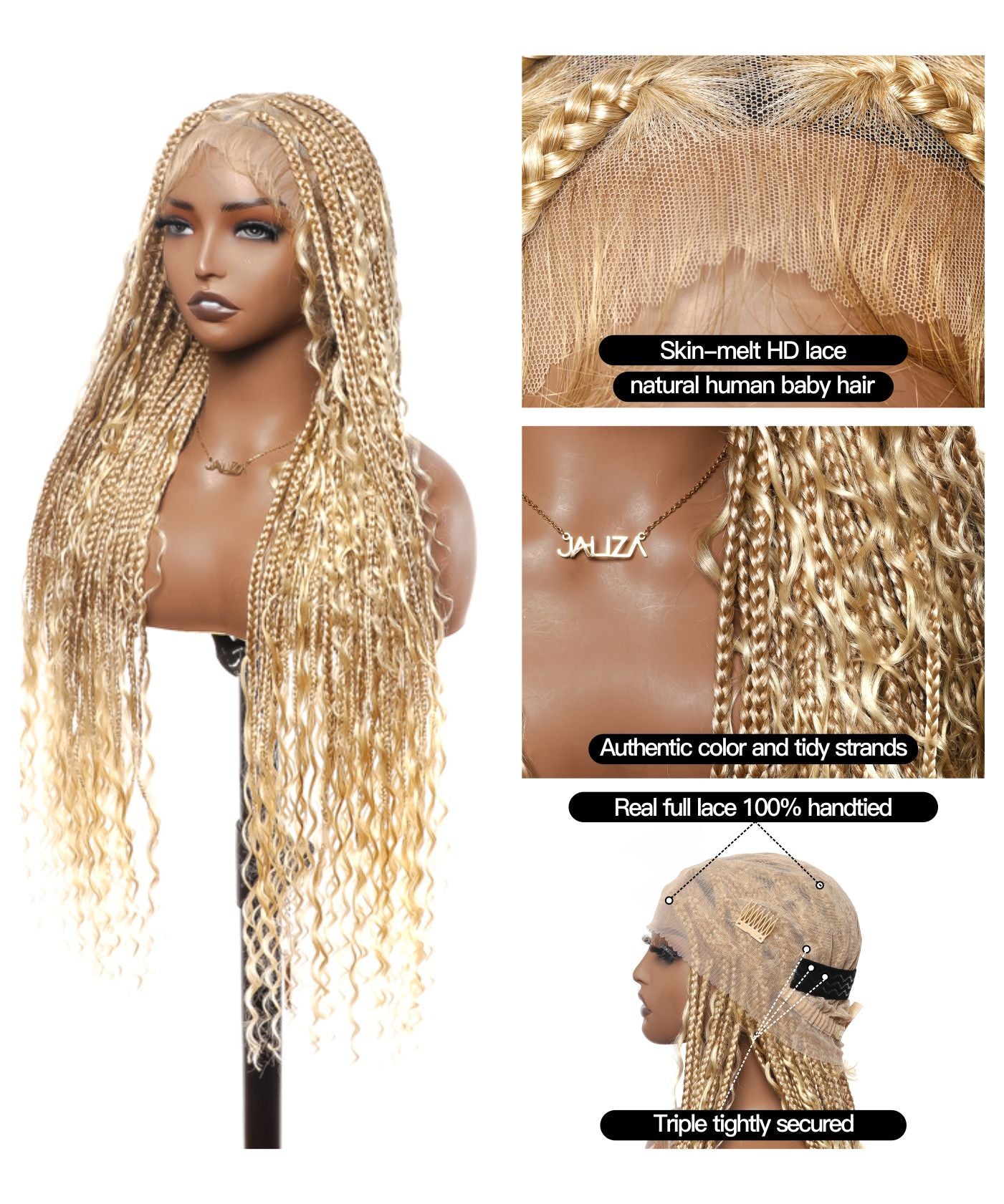 Article en liquidation - Perruque tressée boîte bohème sans nœuds avec boucles bohèmes, cheveux humains, base triangulaire HD, dentelle intégrale, 36"