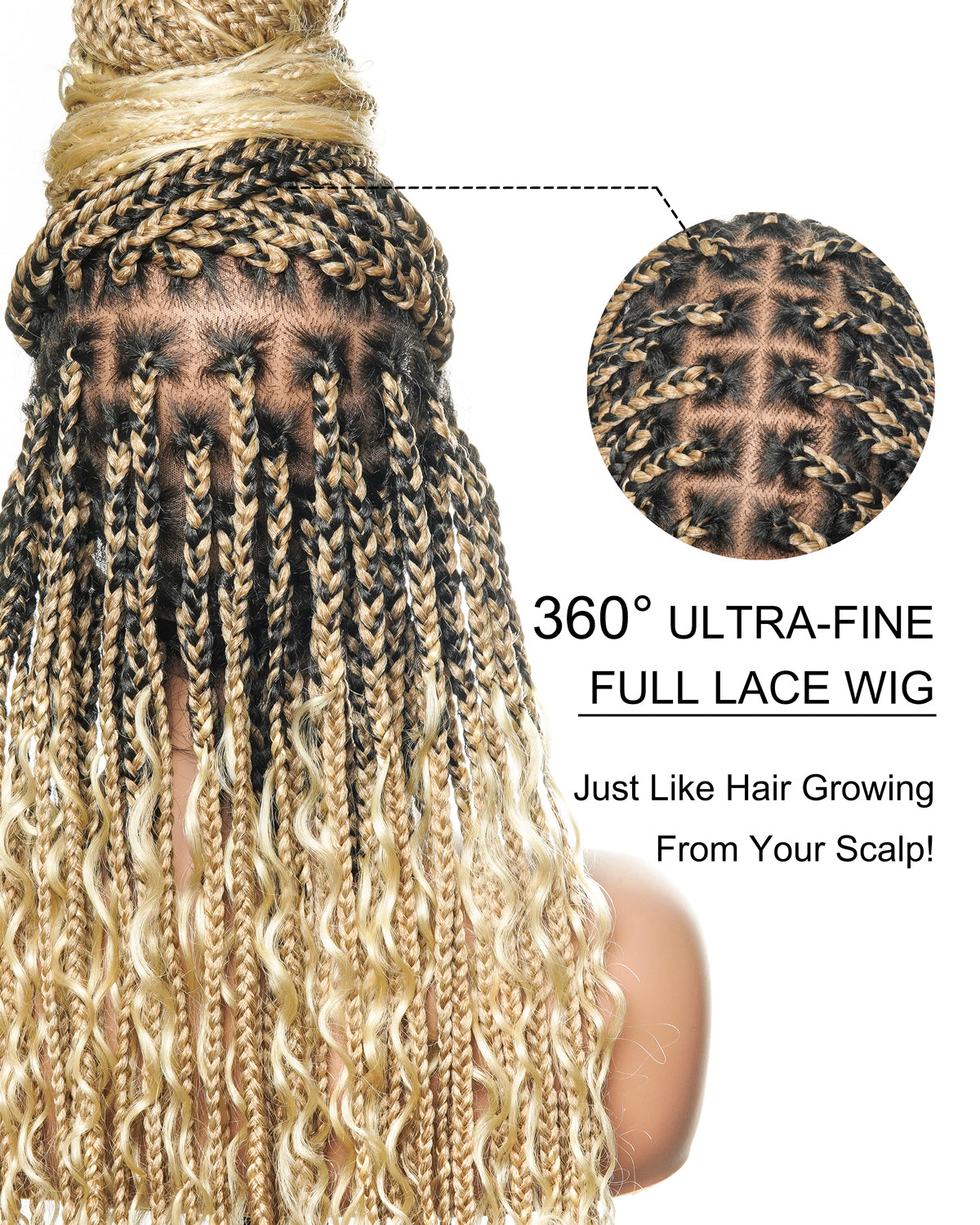 Perruque tressée boîte bohème sans nœuds, 100 % cheveux humains, boucles bohèmes, avec dentelle transparente intégrale et nouée à la main