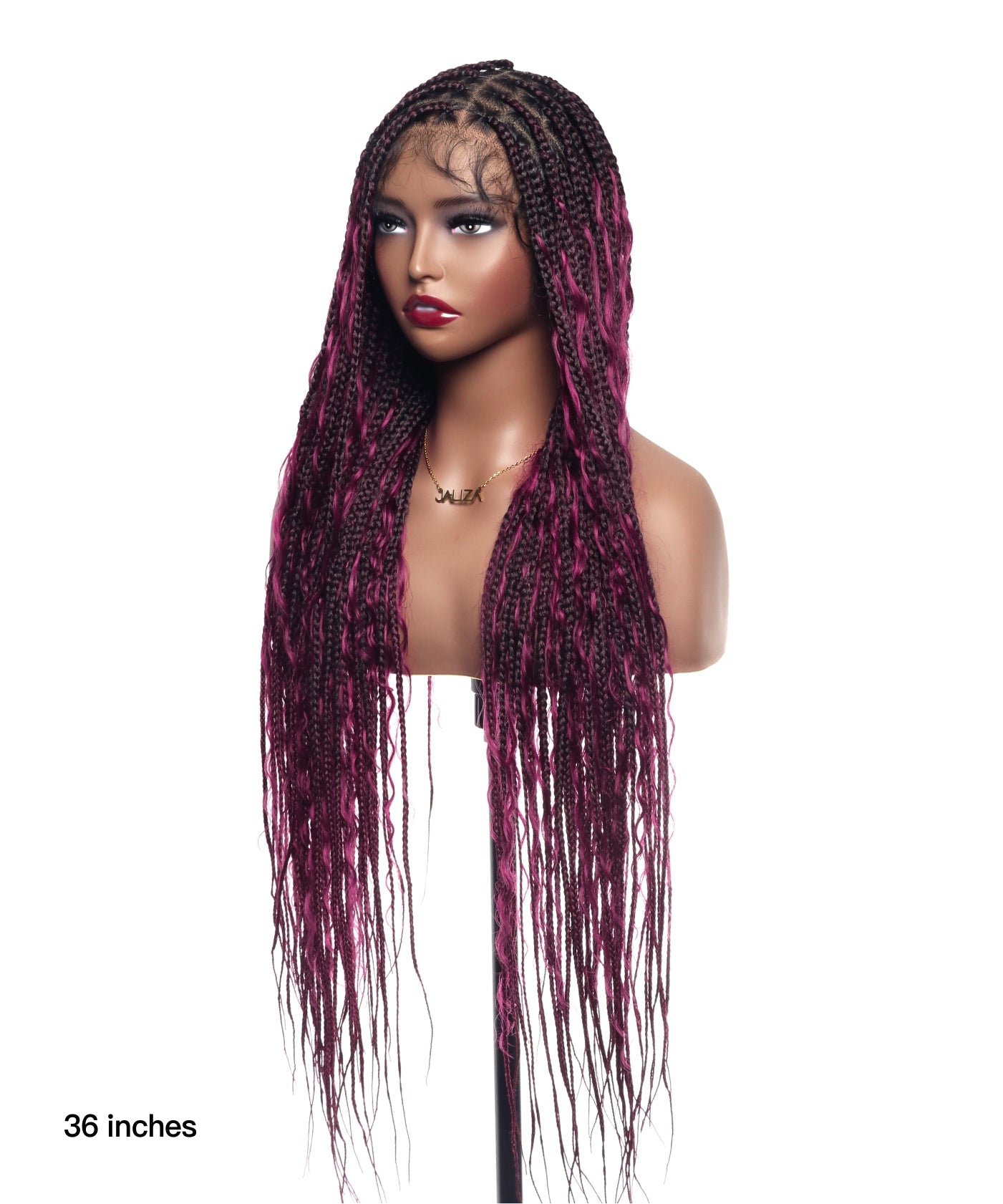 Perruque tressée Human Hair Boho Box en dentelle HD 36 pouces 100 mèches - Bordeaux clair
