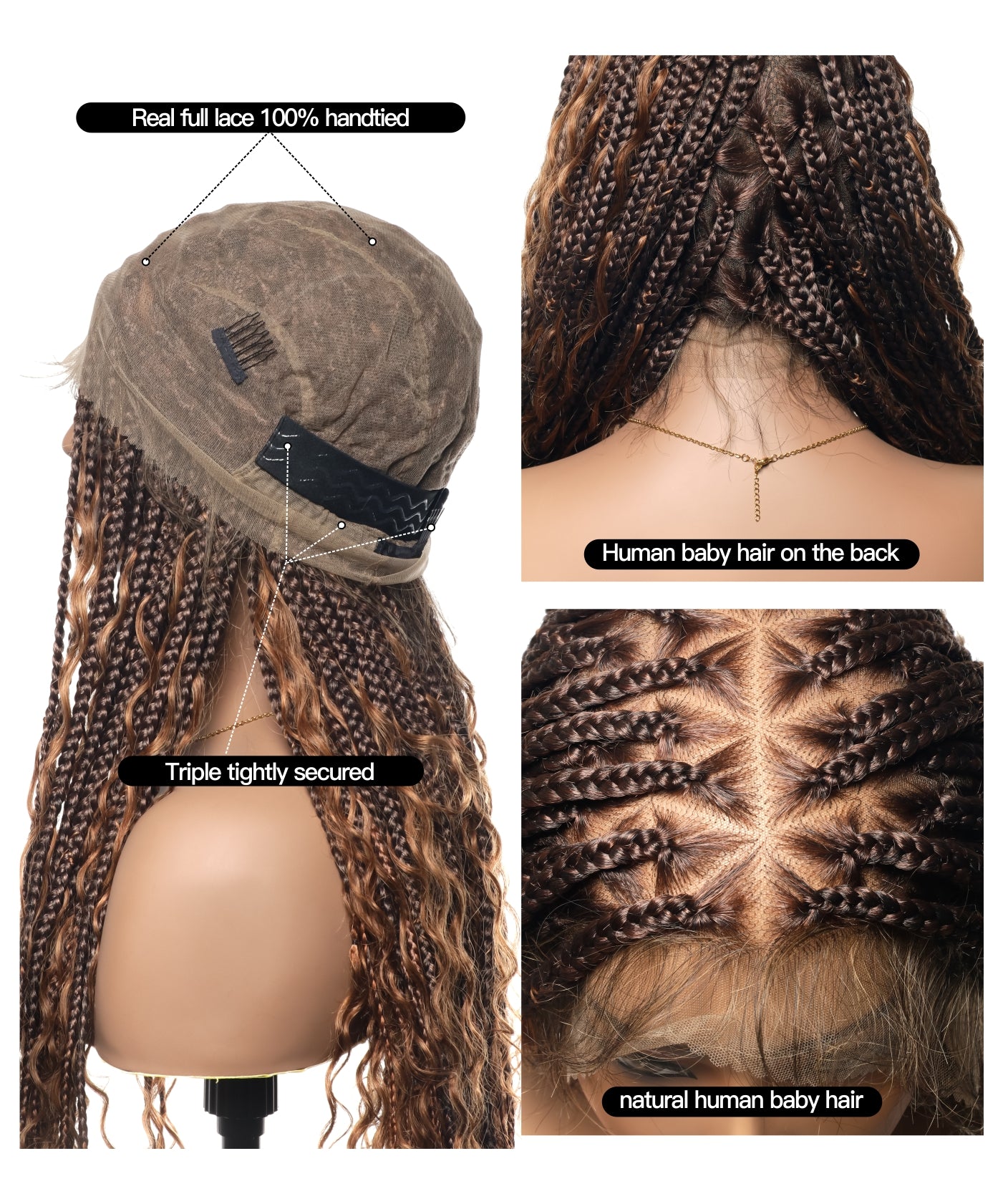 Perruque tressée de type "box braids" avec boucles bohèmes en cheveux humains sans nœuds, à base triangulaire et dentelle complète, sans emmêlement, 36" (États-Unis seulement)