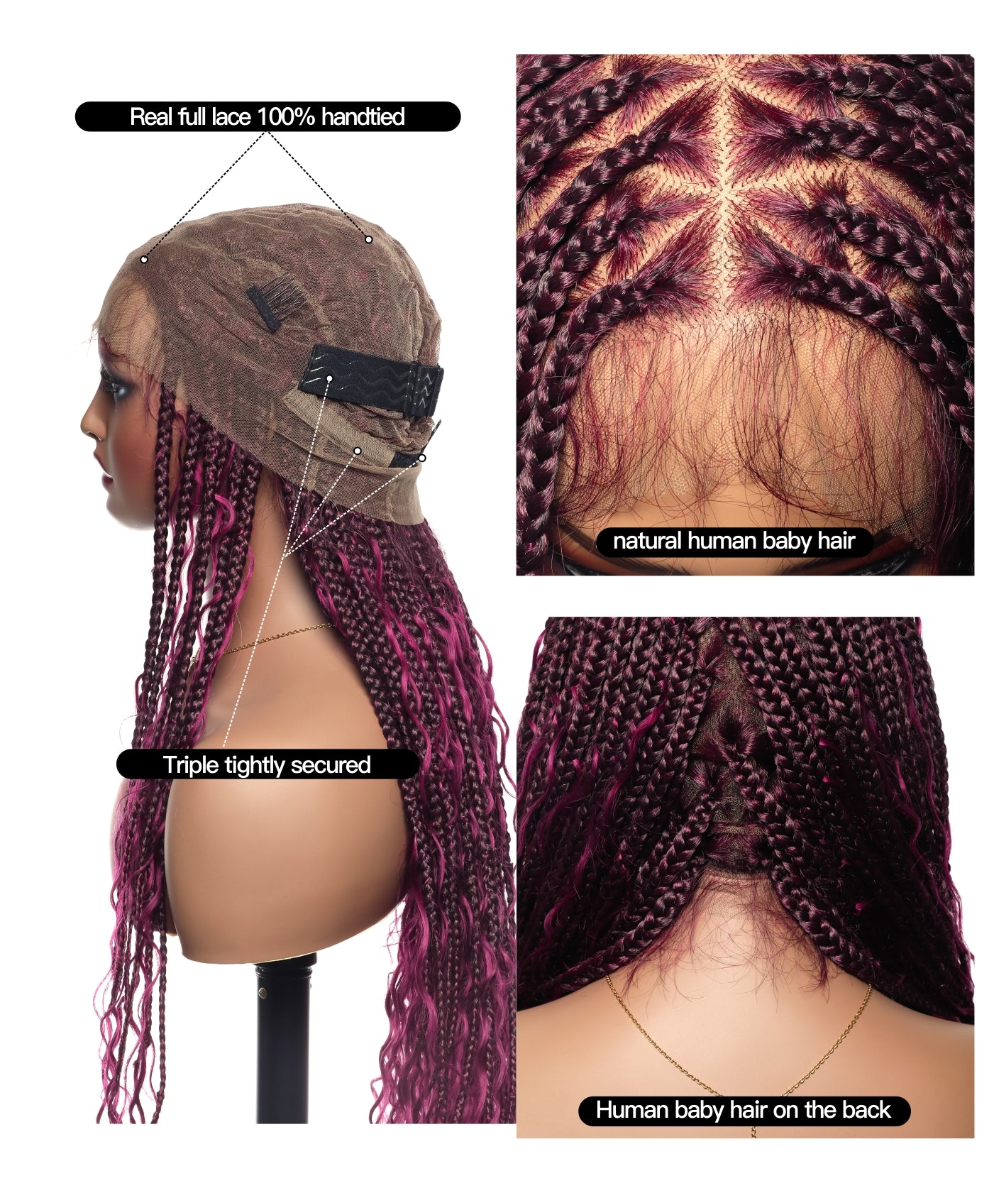Perruque tressée de type "box braids" avec boucles bohèmes en cheveux humains sans nœuds, à base triangulaire et dentelle complète, sans emmêlement, 36" (États-Unis seulement)