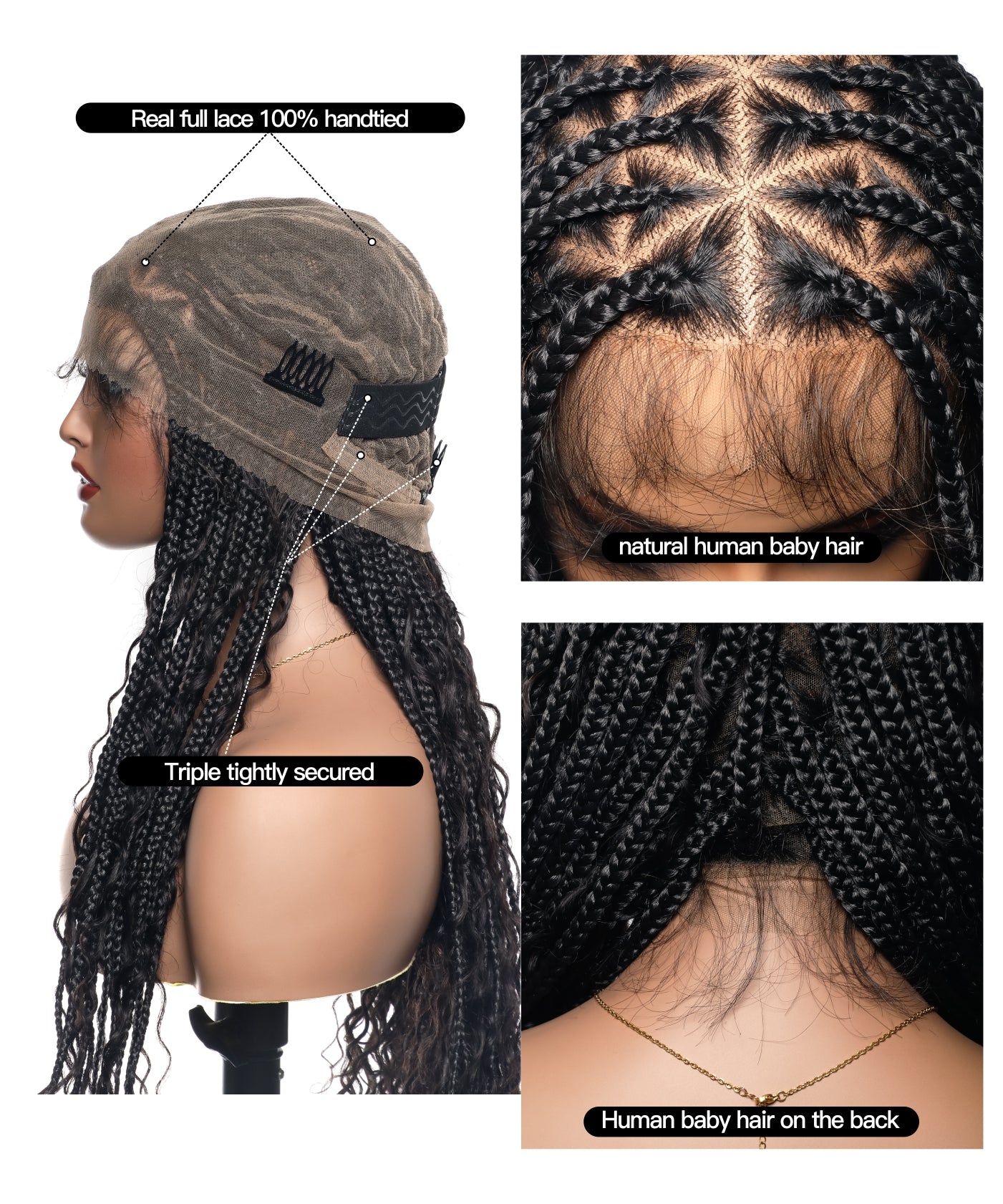 Perruque tressée de type "box braids" avec boucles bohèmes en cheveux humains sans nœuds, à base triangulaire et dentelle complète, sans emmêlement, 36" (États-Unis seulement)