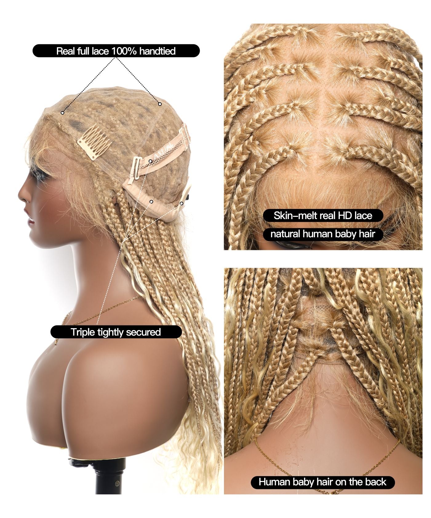 Perruque tressée Boho Box en cheveux humains 24" HD Full Lace Légère 79 mèches 1 boucle et 1 extrémité Boho