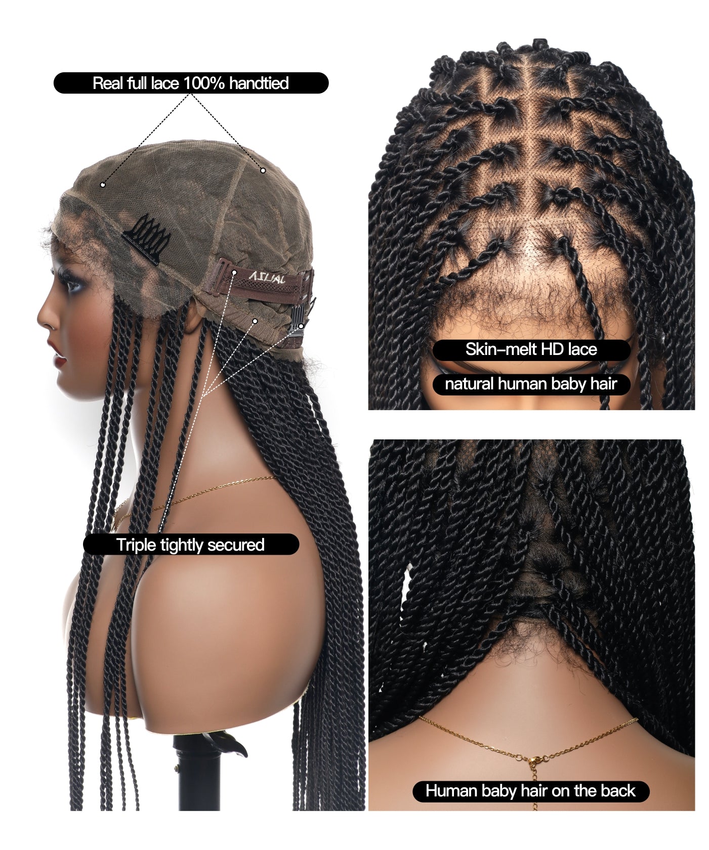 Perruque tressée Senegalese Twist Style 36" Swiss HD Full Lace Haute Densité 100 Brins