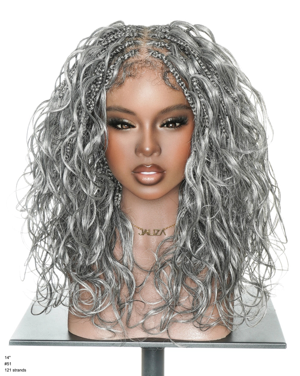 Perruque tressée Full Lace ondulée 35 cm, 70 % poivre et 30 % sel