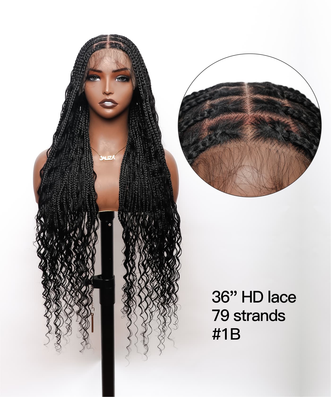 36" Human Hair Boho Curls Swiss HD Lace Knotless Box Braided Wig Full Hand-tied - Human Baby Hair