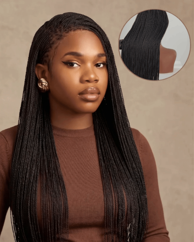 Mica - Perruque HD Suisse pré-décolorée, 26" et 36", à lacets complets, torsades sénégalaises micro sans nœuds, 799 mèches