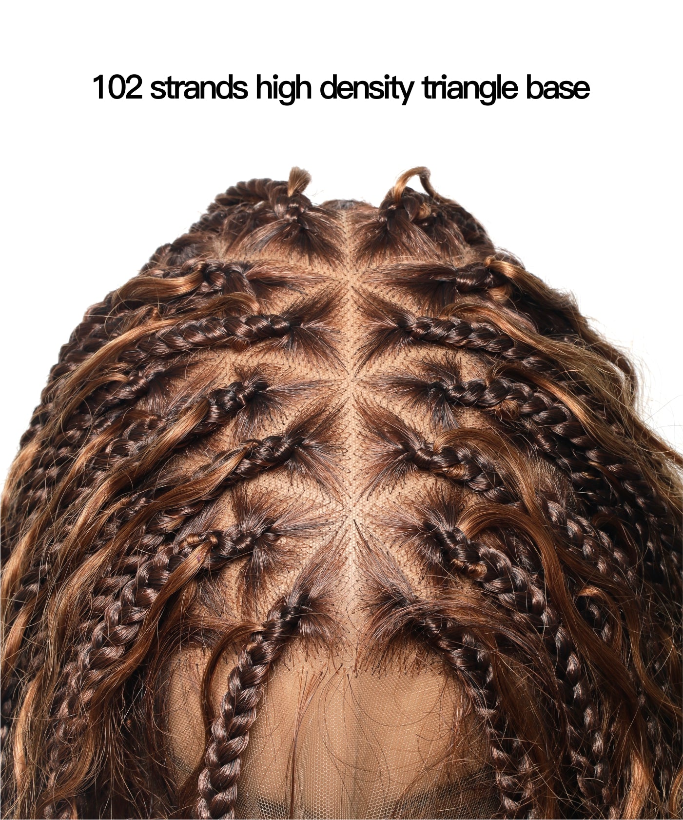 Perruque tressée sans nœuds 102 mèches, base triangulaire haute densité, boucles bohèmes, cheveux humains 14"