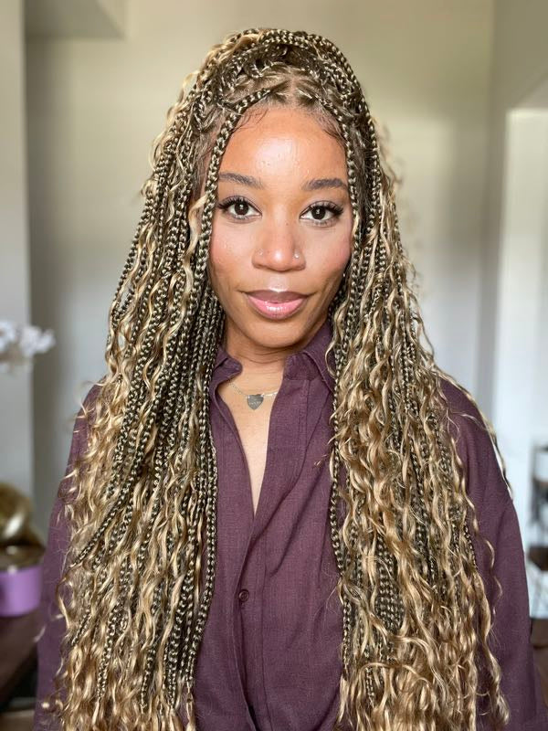 Perruque tressée de type "box braids" avec boucles bohèmes en cheveux humains sans nœuds, à base triangulaire et dentelle complète, sans emmêlement, 36" (États-Unis seulement)