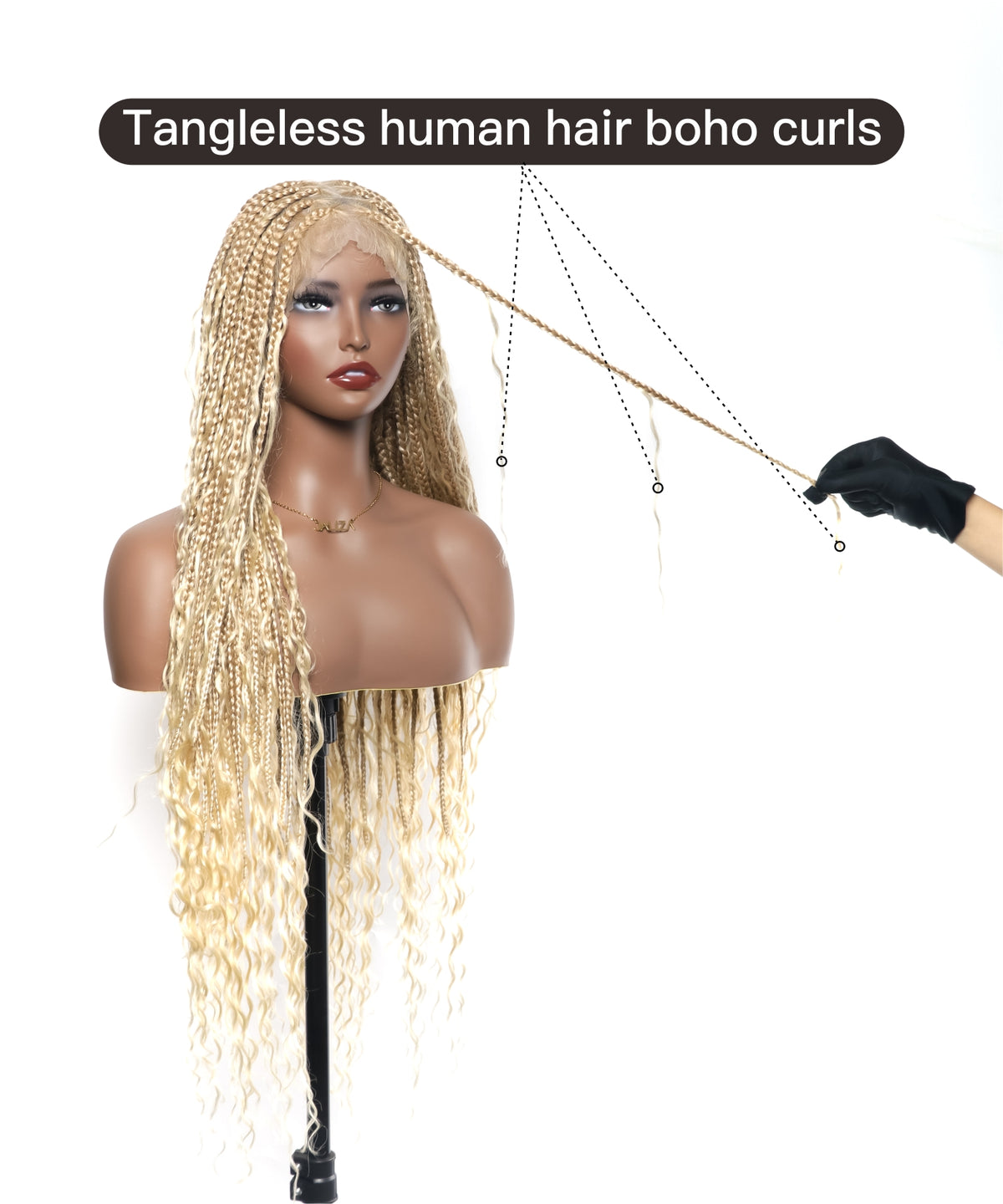JALIZA High Density Triangle Base Knotless Human Hair Boho Box Braided Wig in 27/613 Blond, 36 inches, shown on a mannequin with tangleless boho curls as a gloved hand pulls a braid to demonstrate tangle-free strands.