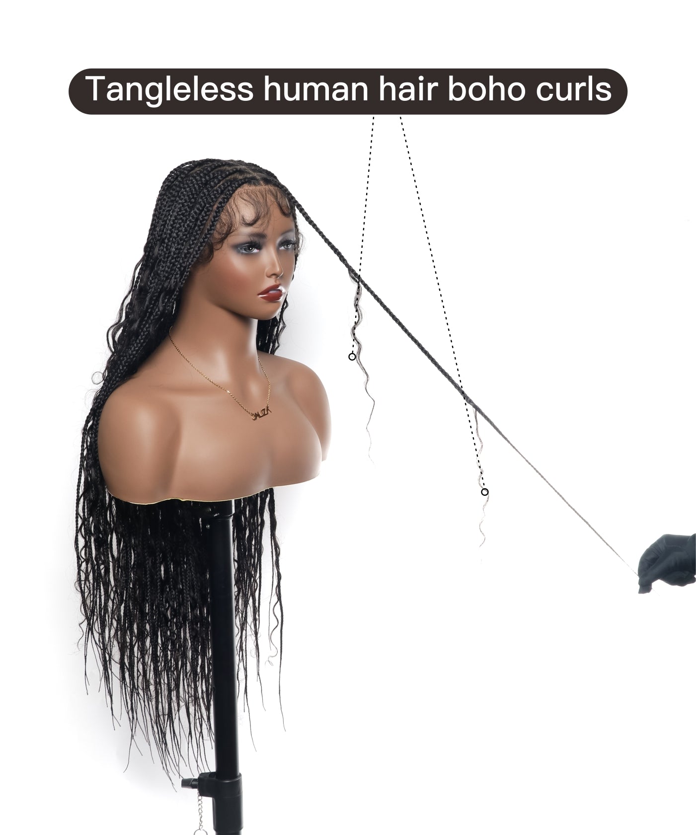 Perruque tressée sans nœuds Boho Curls, cheveux humains sans emmêlement, 32", dentelle HD, 100 mèches - Confort Plus / Dentelle extensible à raccord interne
