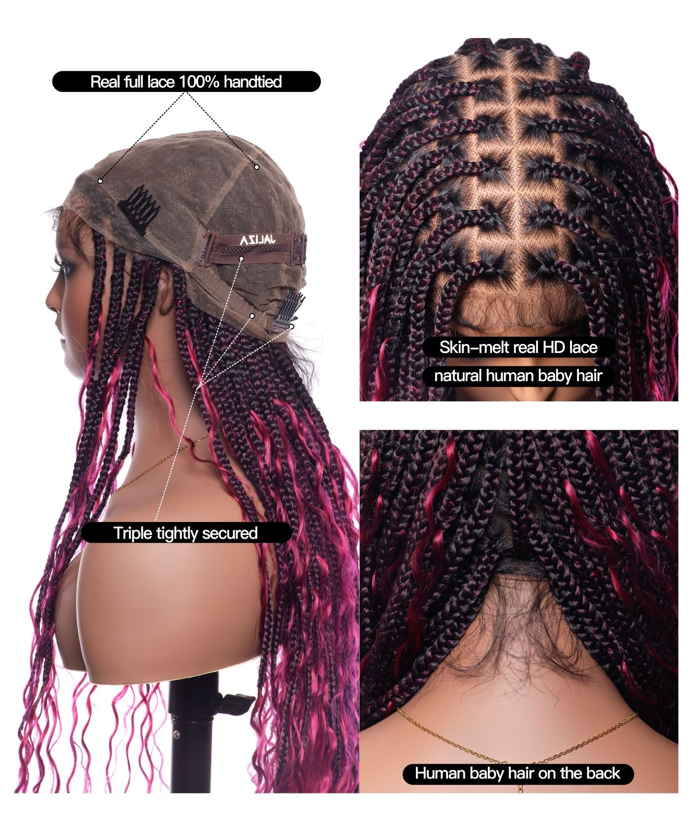 Perruque tressée de grande taille exclusive – Tresses Boho sans nœuds de 90 cm avec boucles Boho en cheveux naturels et dentelle complète HD